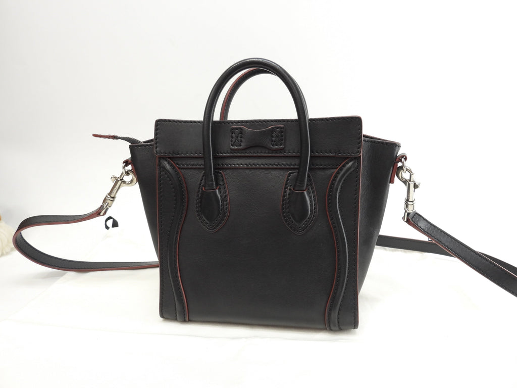 Celine Luggage Nano in pelle liscia, nero bordeaux, pochette, mini borsa a mano, ottime condizioni @W-ZP-0172