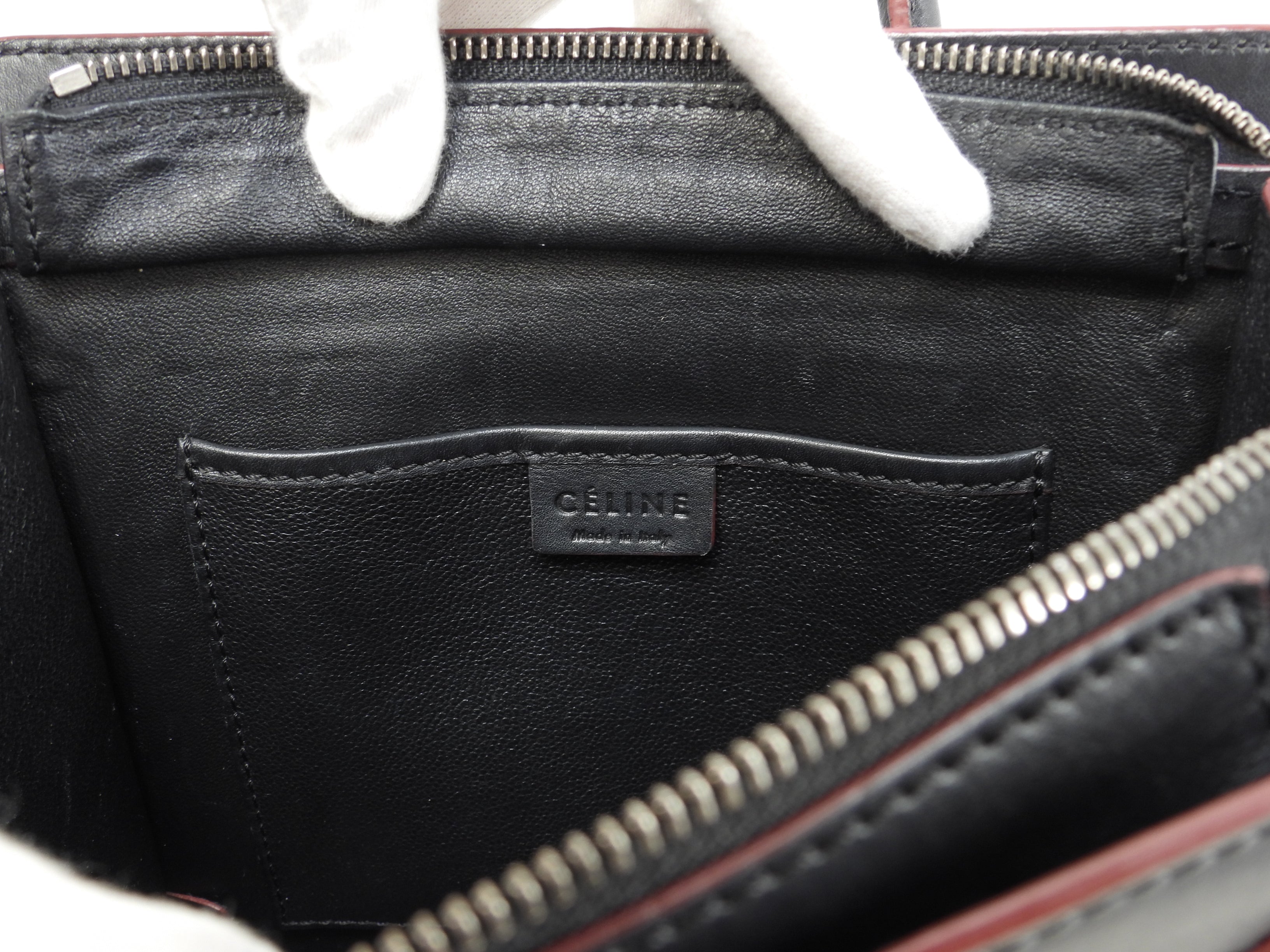 Celine Luggage Nano in pelle liscia, nero bordeaux, pochette, mini borsa a mano, ottime condizioni @W-ZP-0172