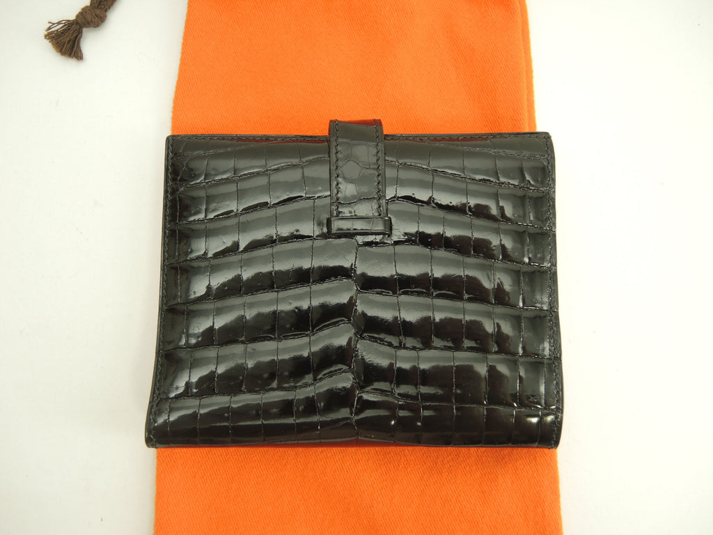 エルメス ベアンコンパクト クロコニロティカス 黒 コンパクトウォレット 2折財布 極美品@□R