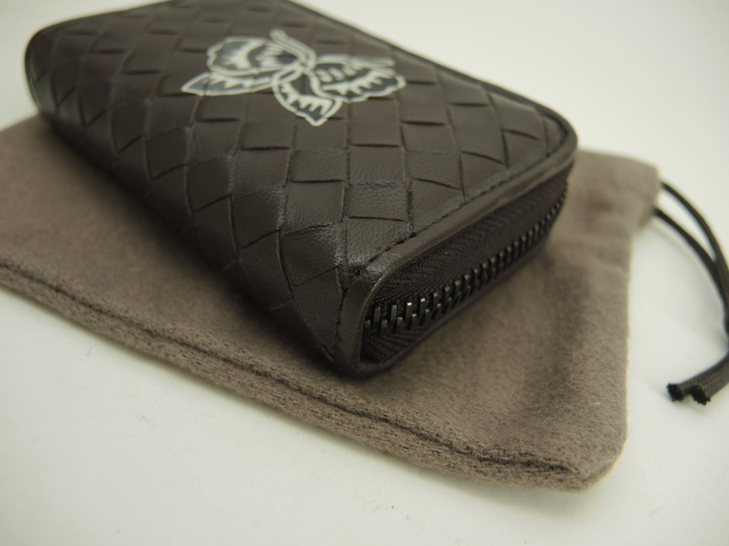 Bottega Veneta - Portamonete rotondo con cerniera in pelle Intrecciato marrone, mai usato @B00501795V