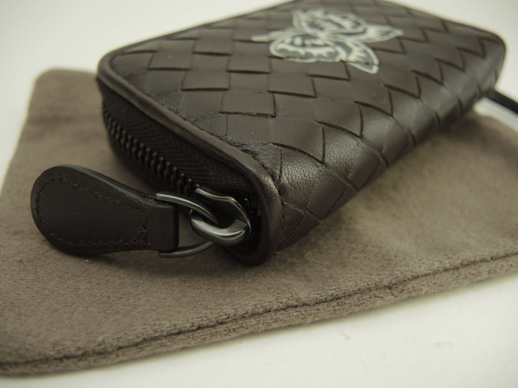 Bottega Veneta - Portamonete rotondo con cerniera in pelle Intrecciato marrone, mai usato @B00501795V