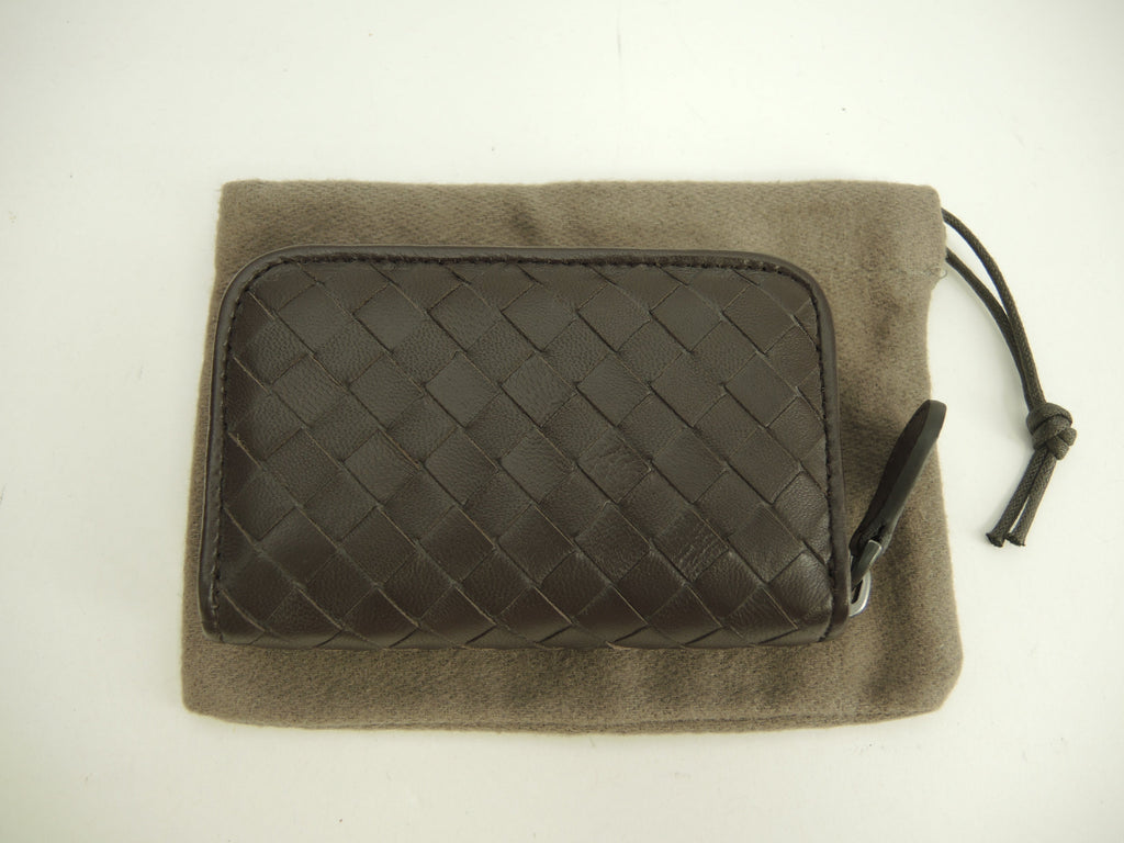 Bottega Veneta - Portamonete rotondo con cerniera in pelle Intrecciato marrone, mai usato @B00501795V