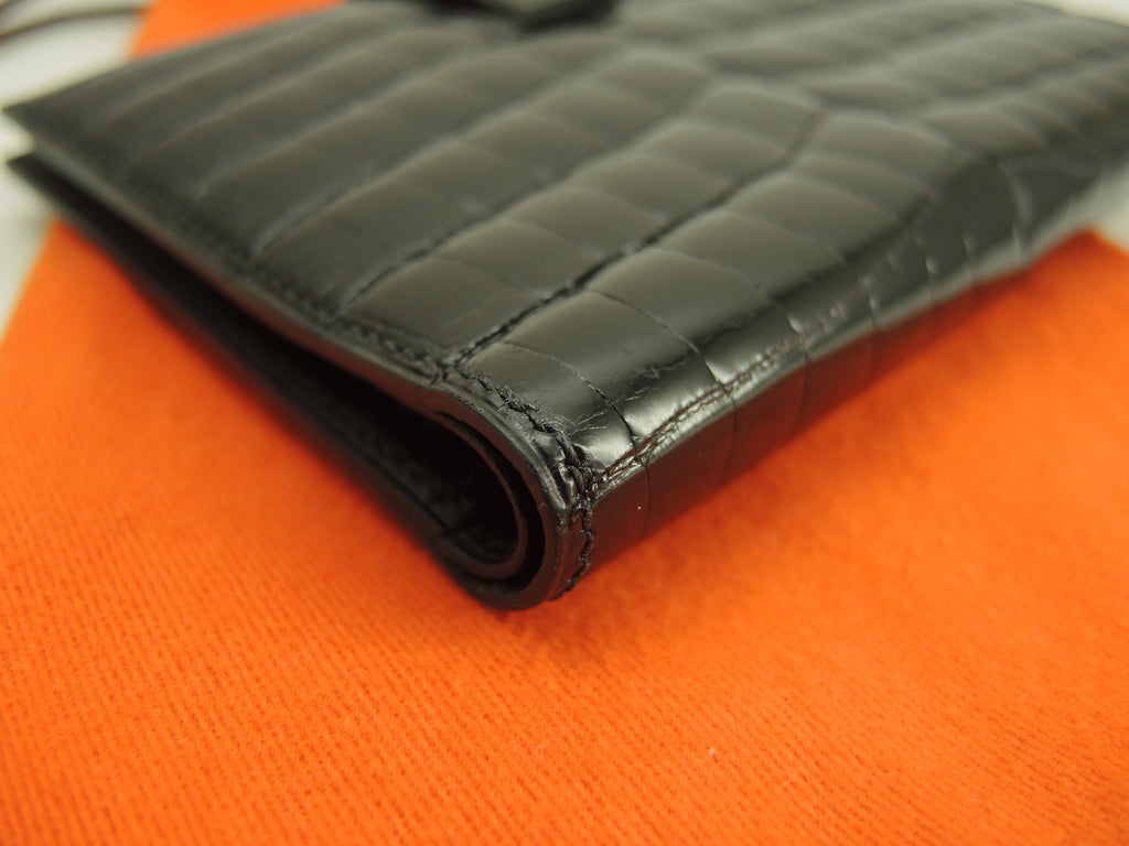 エルメス ベアンコンパクト クロコニロティカス 黒 コンパクトウォレット 2折財布 極美品@□R