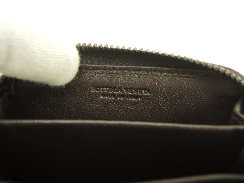 Bottega Veneta - Portamonete rotondo con cerniera in pelle Intrecciato marrone, mai usato @B00501795V