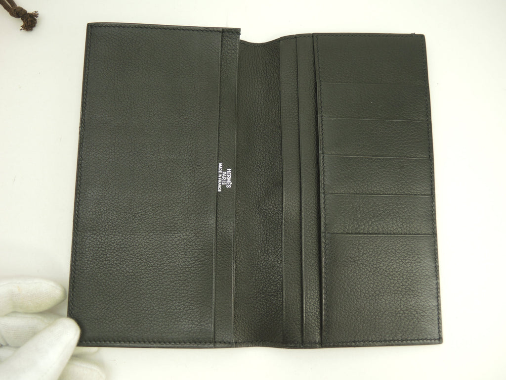 Hermès MC2 Fleming Portafoglio lungo bifold con scomparti, in pelle Vache Chamonix nera @□R