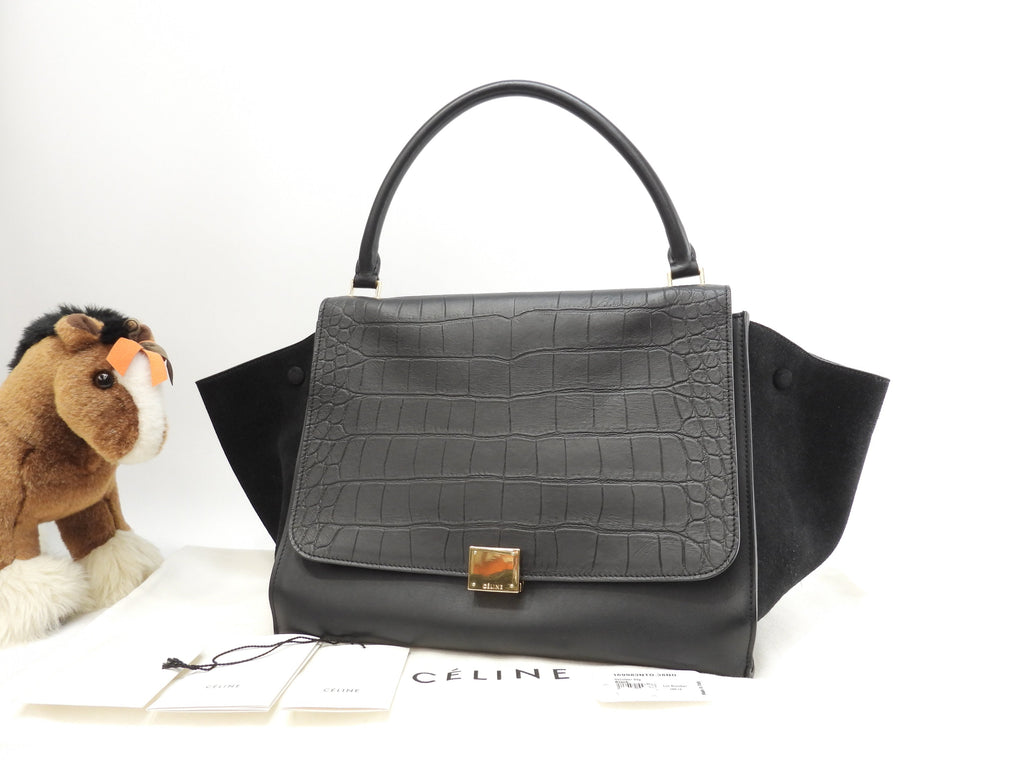 Celine Trapeze GM pelle stampata coccodrillo nera borsa a mano tote bag hobo bag come nuova @F-TB-0162