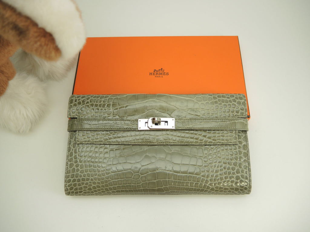 Hermès Kelly Portafoglio Lungo Alligatore Grigio Portafoglio Lungo Hardware Argento@T 2