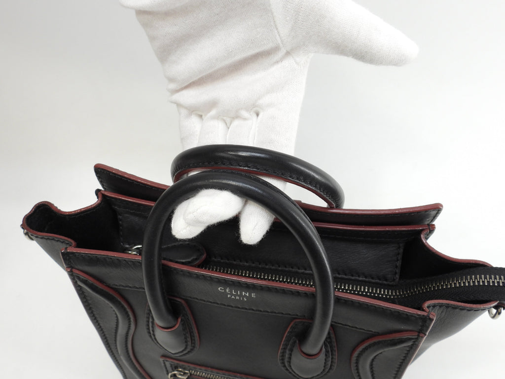 Celine Luggage Nano in pelle liscia, nero bordeaux, pochette, mini borsa a mano, ottime condizioni @W-ZP-0172