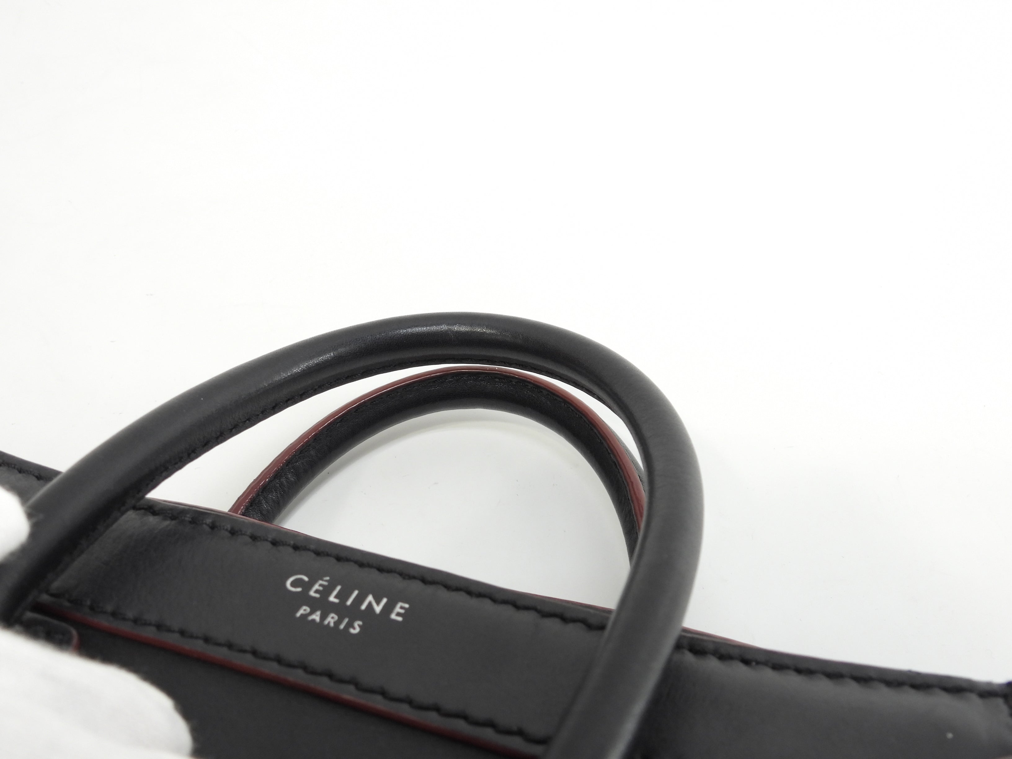 Celine Luggage Nano in pelle liscia, nero bordeaux, pochette, mini borsa a mano, ottime condizioni @W-ZP-0172
