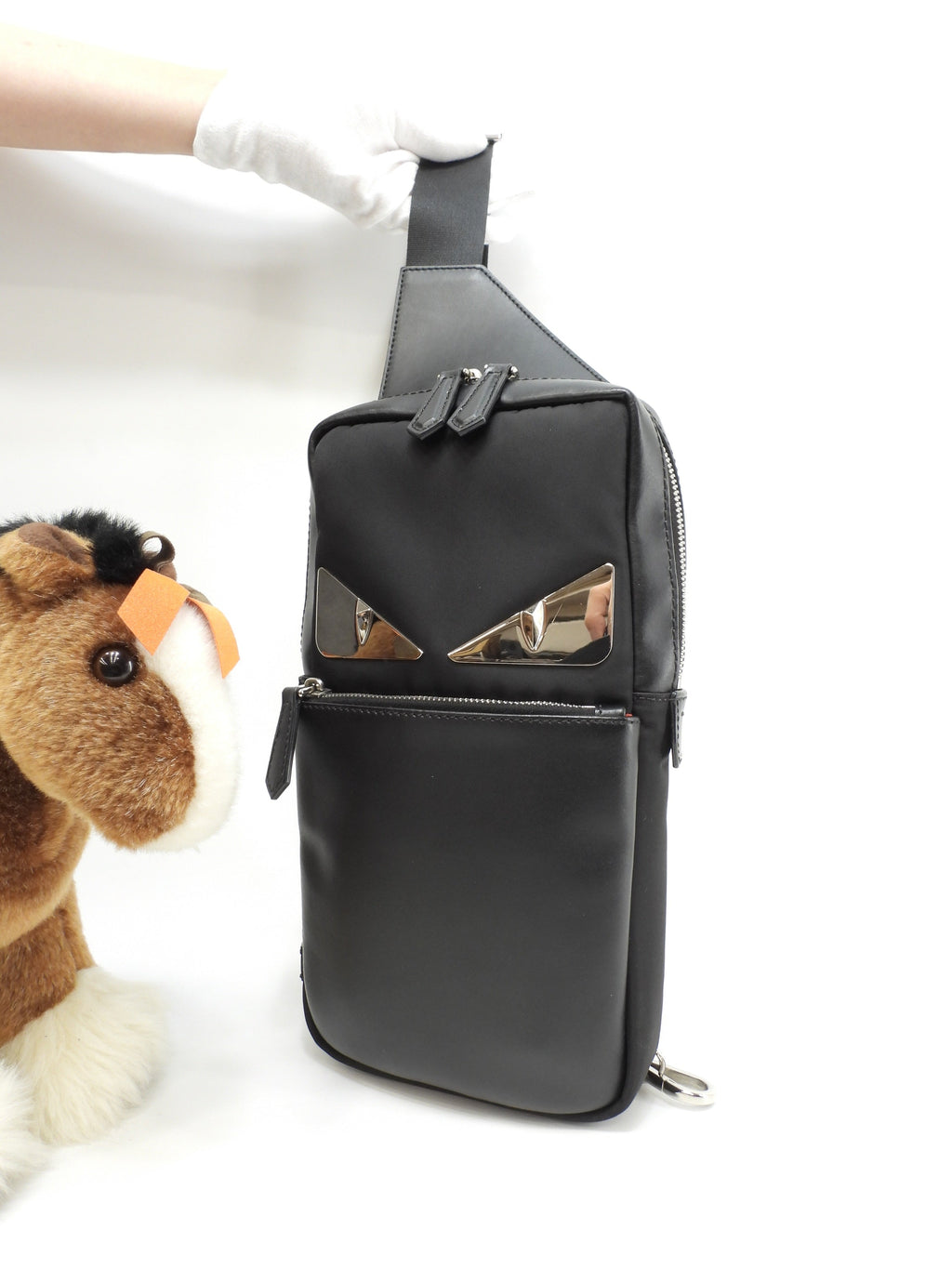 Fendi marsupio mostro in nylon e pelle nero, hardware color argento, ottime condizioni @ 64