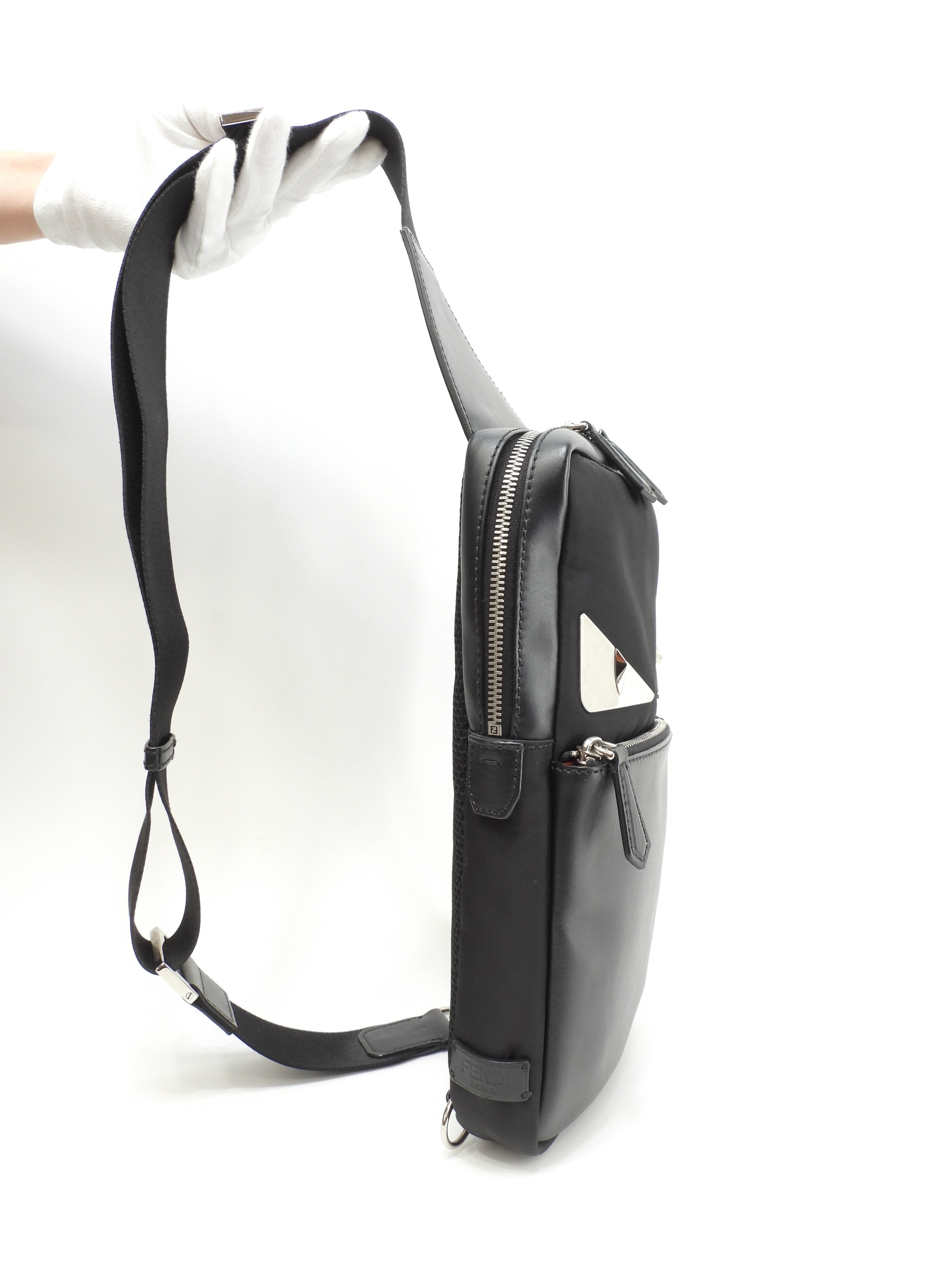 Fendi marsupio mostro in nylon e pelle nero, hardware color argento, ottime condizioni @ 64