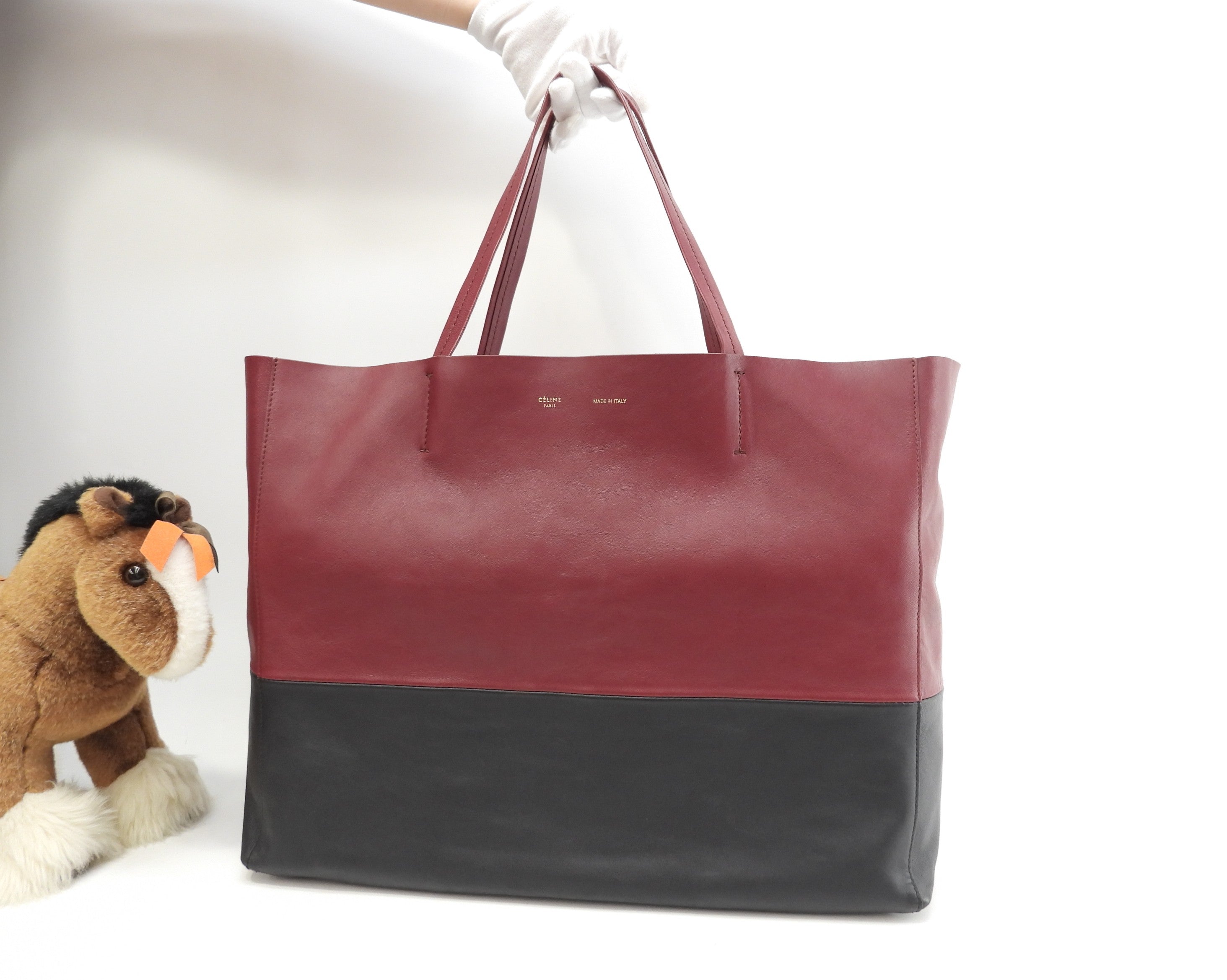Celine Cabas Horizontal, borsa a spalla grande, tote, in pelle bordeaux e nera @F-UP-0132