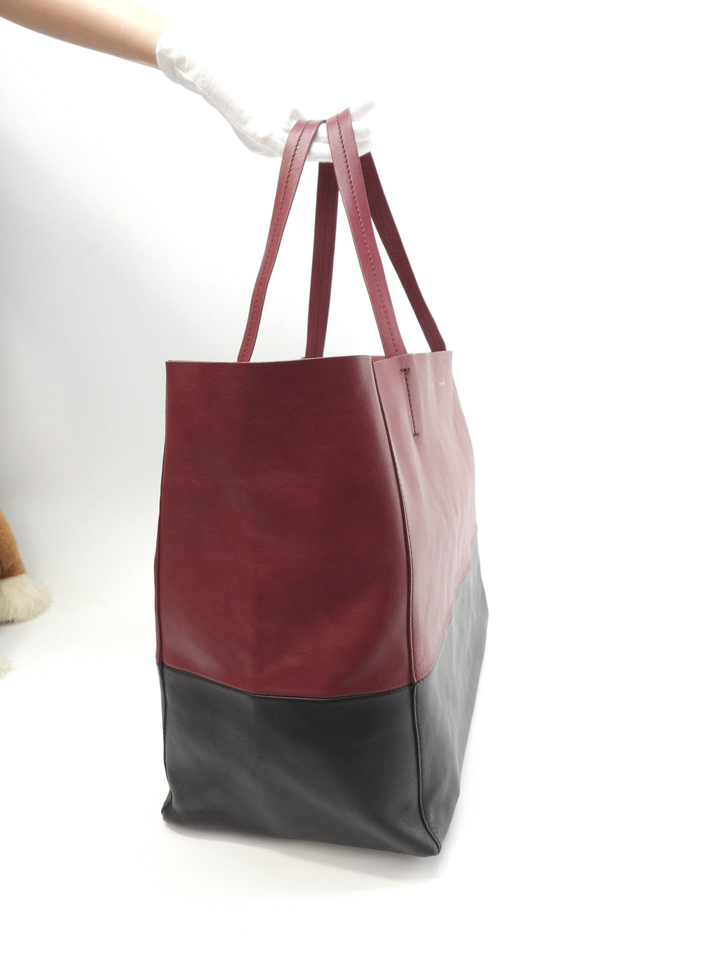 Celine Cabas Horizontal, borsa a spalla grande, tote, in pelle bordeaux e nera @F-UP-0132