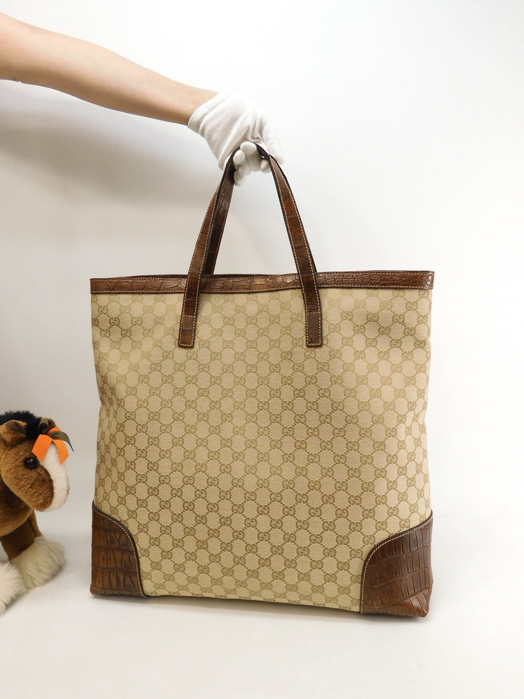 Borsa tote grande da uomo Gucci in denim GG marrone con manico in coccodrillo - Ottime condizioni @ 1