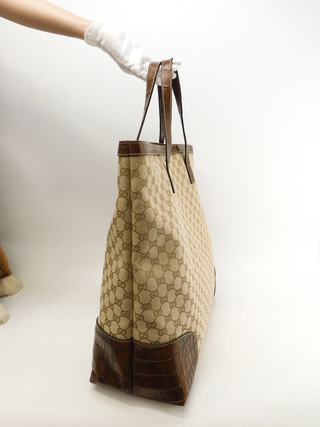 Borsa tote grande da uomo Gucci in denim GG marrone con manico in coccodrillo - Ottime condizioni @ 1