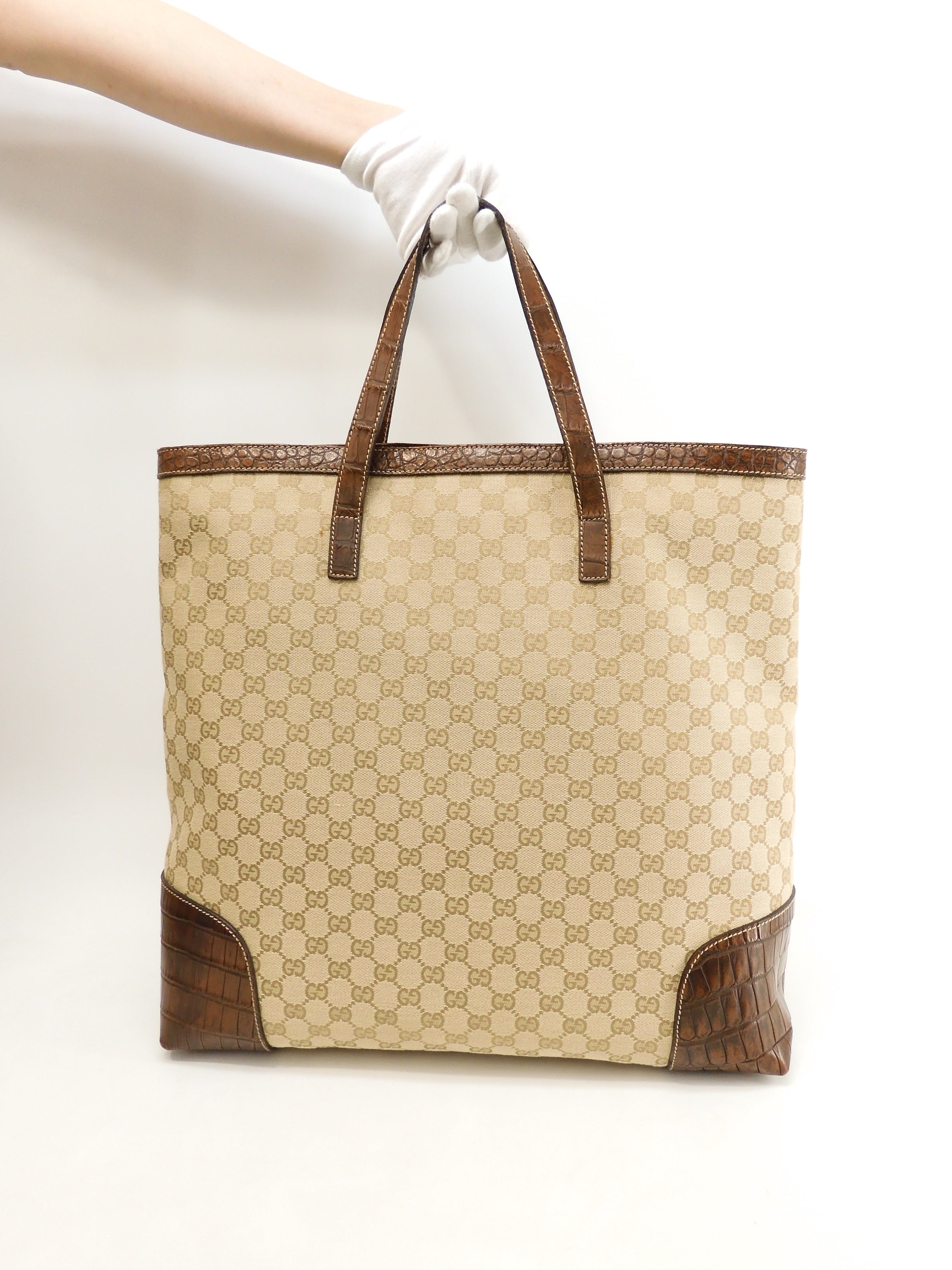 Borsa tote grande da uomo Gucci in denim GG marrone con manico in coccodrillo - Ottime condizioni @ 1