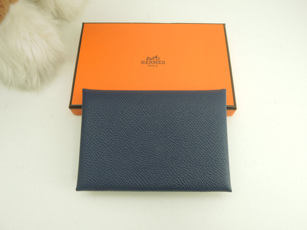 Hermès Calvi Duo Epsom blu navy portafoglio compatto mini nuovo di zecca@B
