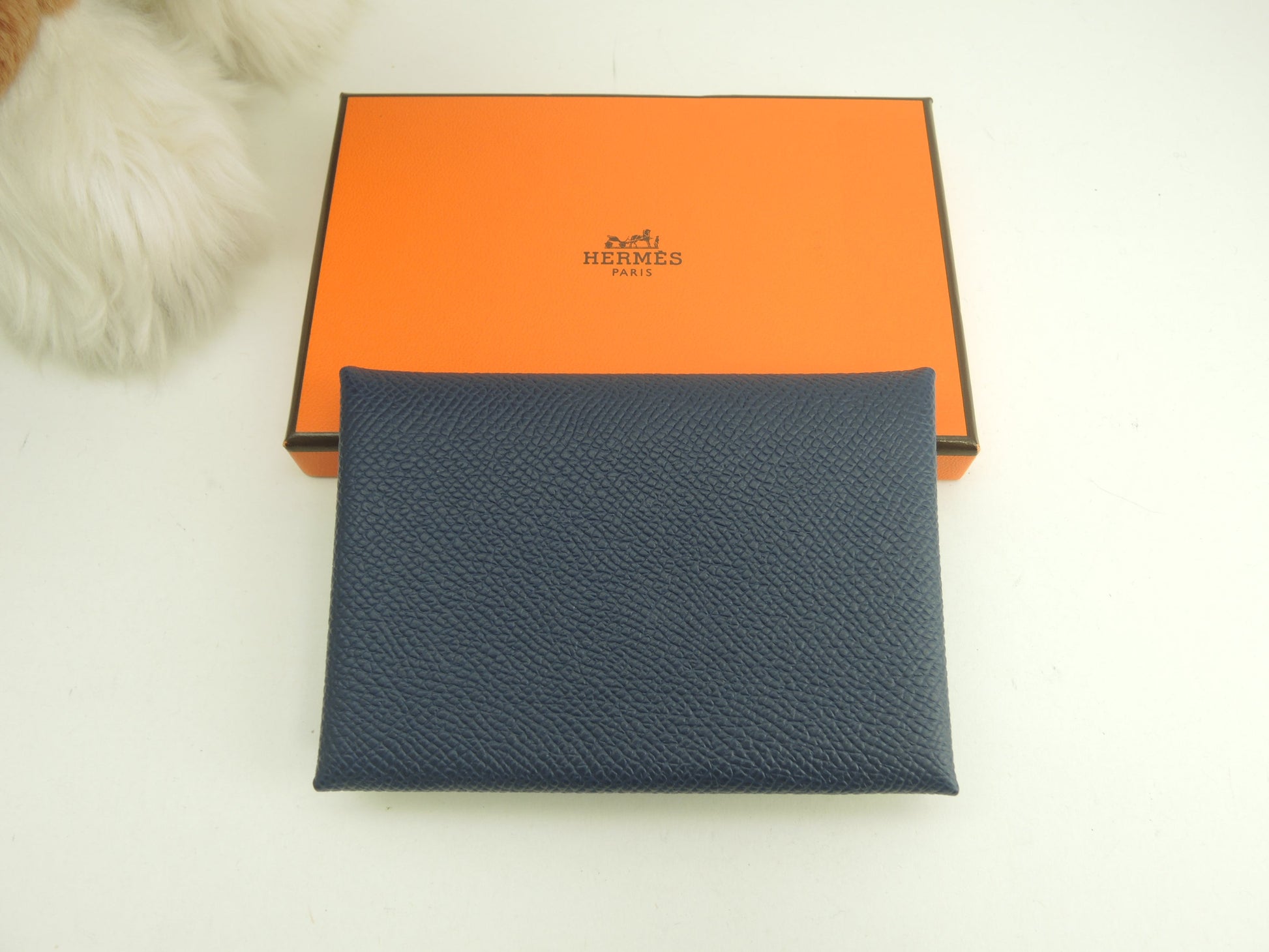Hermès Calvi Duo Epsom blu navy portafoglio compatto mini nuovo di zecca@B