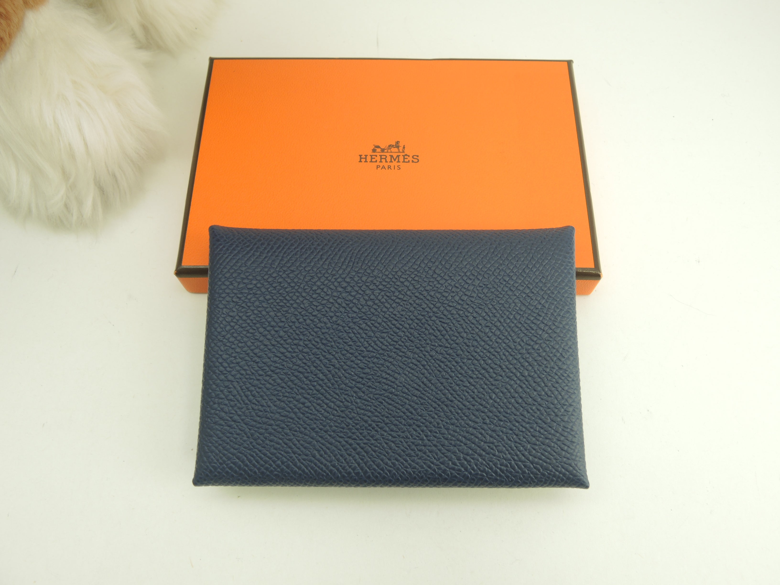 Hermès Calvi Duo Epsom blu navy portafoglio compatto mini nuovo di zecca@B
