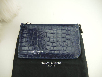 Saint Laurent Portacarte YSL in pelle effetto coccodrillo blu con scomparti per carte e portamonete @MRT458583-0718