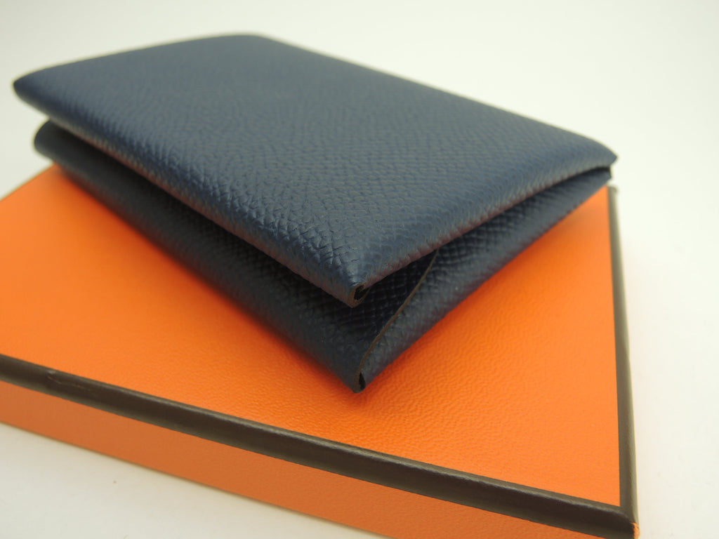 Hermès Calvi Duo Epsom blu navy portafoglio compatto mini nuovo di zecca@B