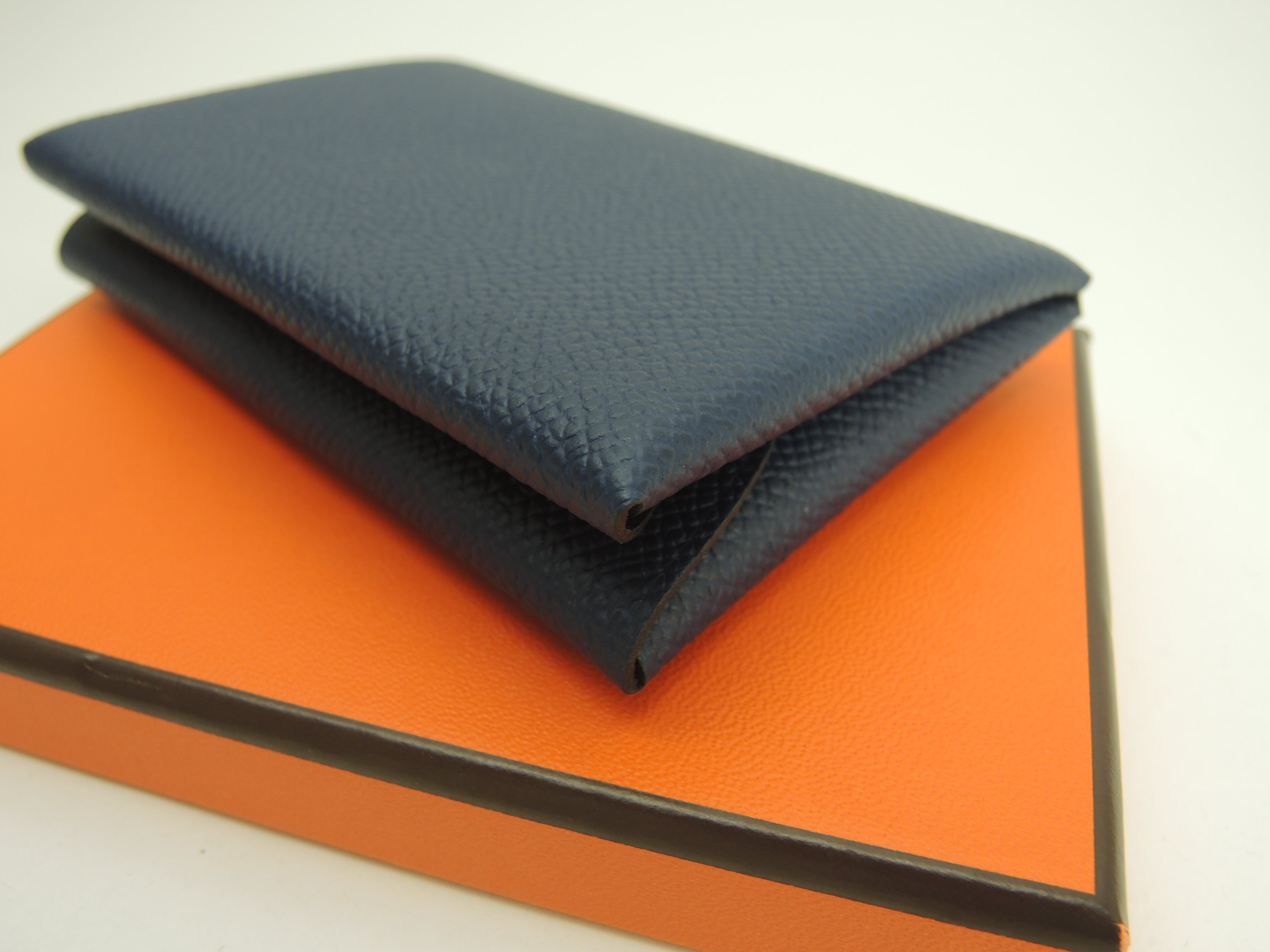 Hermès Calvi Duo Epsom blu navy portafoglio compatto mini nuovo di zecca@B