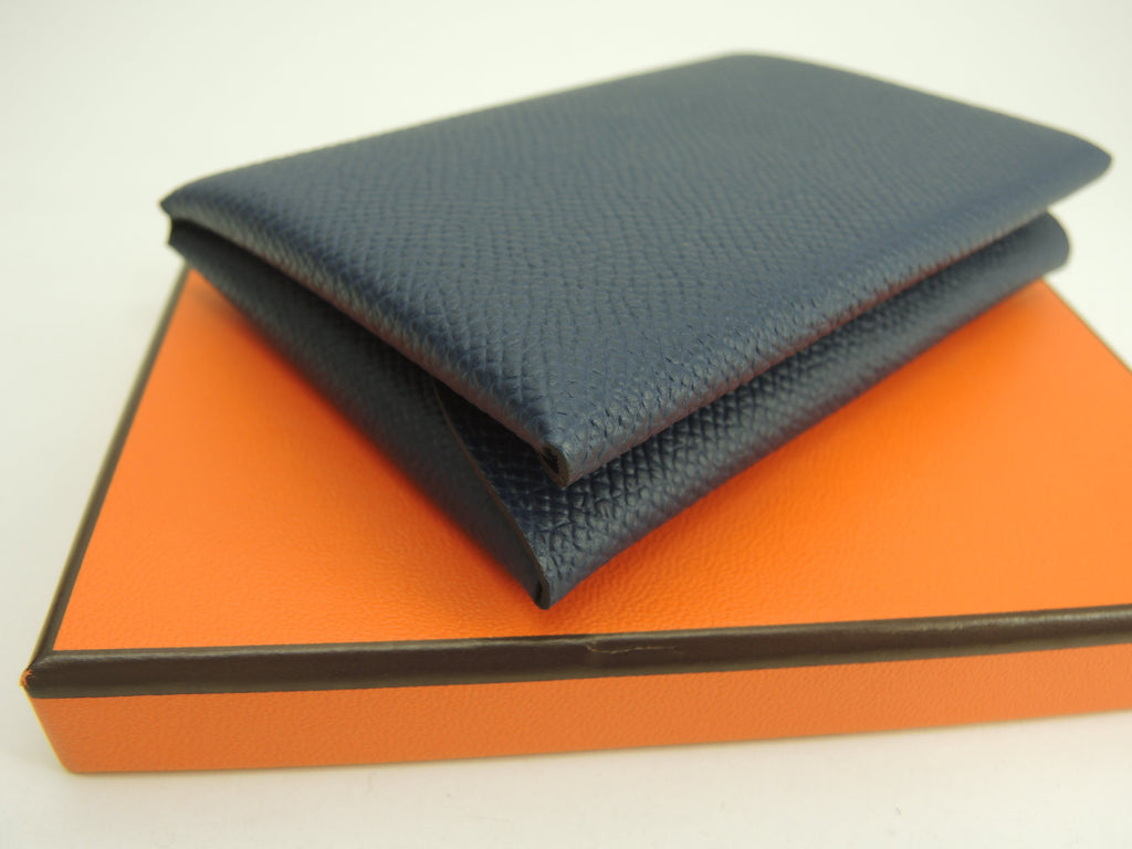Hermès Calvi Duo Epsom blu navy portafoglio compatto mini nuovo di zecca@B