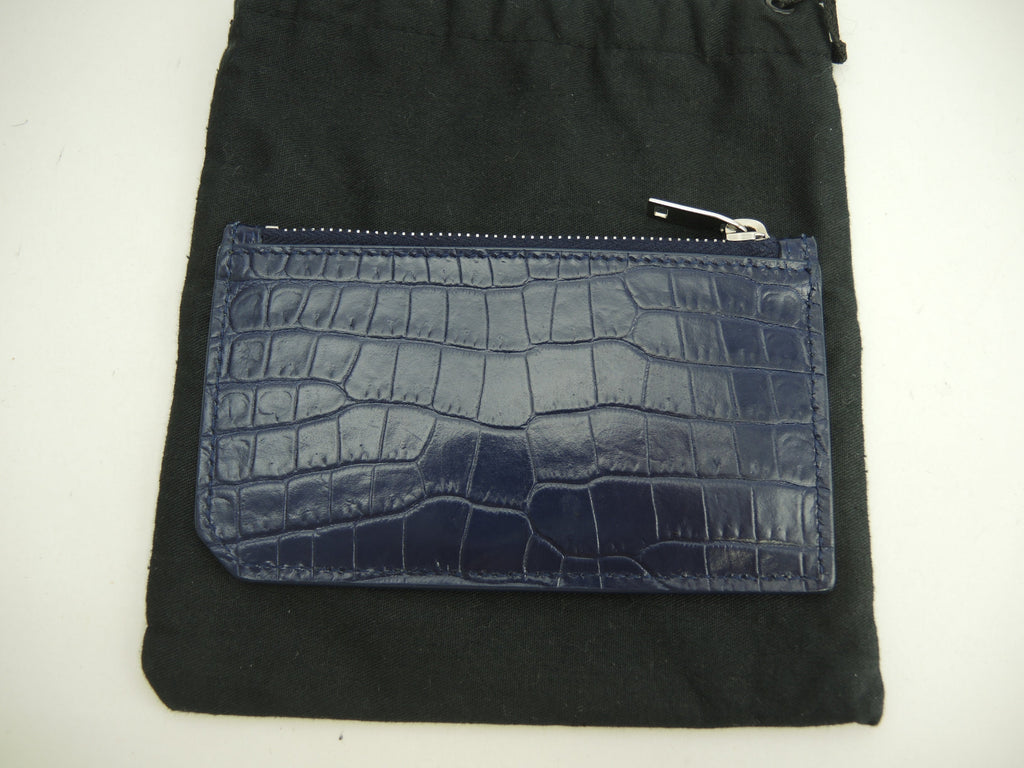 Saint Laurent Portacarte YSL in pelle effetto coccodrillo blu con scomparti per carte e portamonete @MRT458583-0718