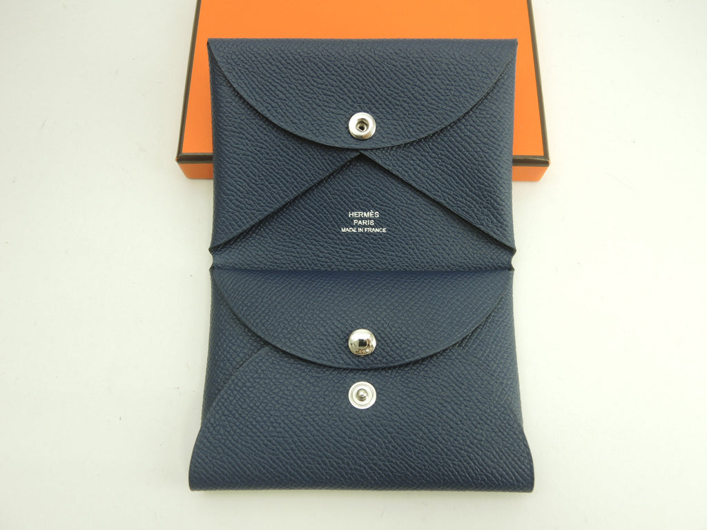 Hermès Calvi Duo Epsom blu navy portafoglio compatto mini nuovo di zecca@B
