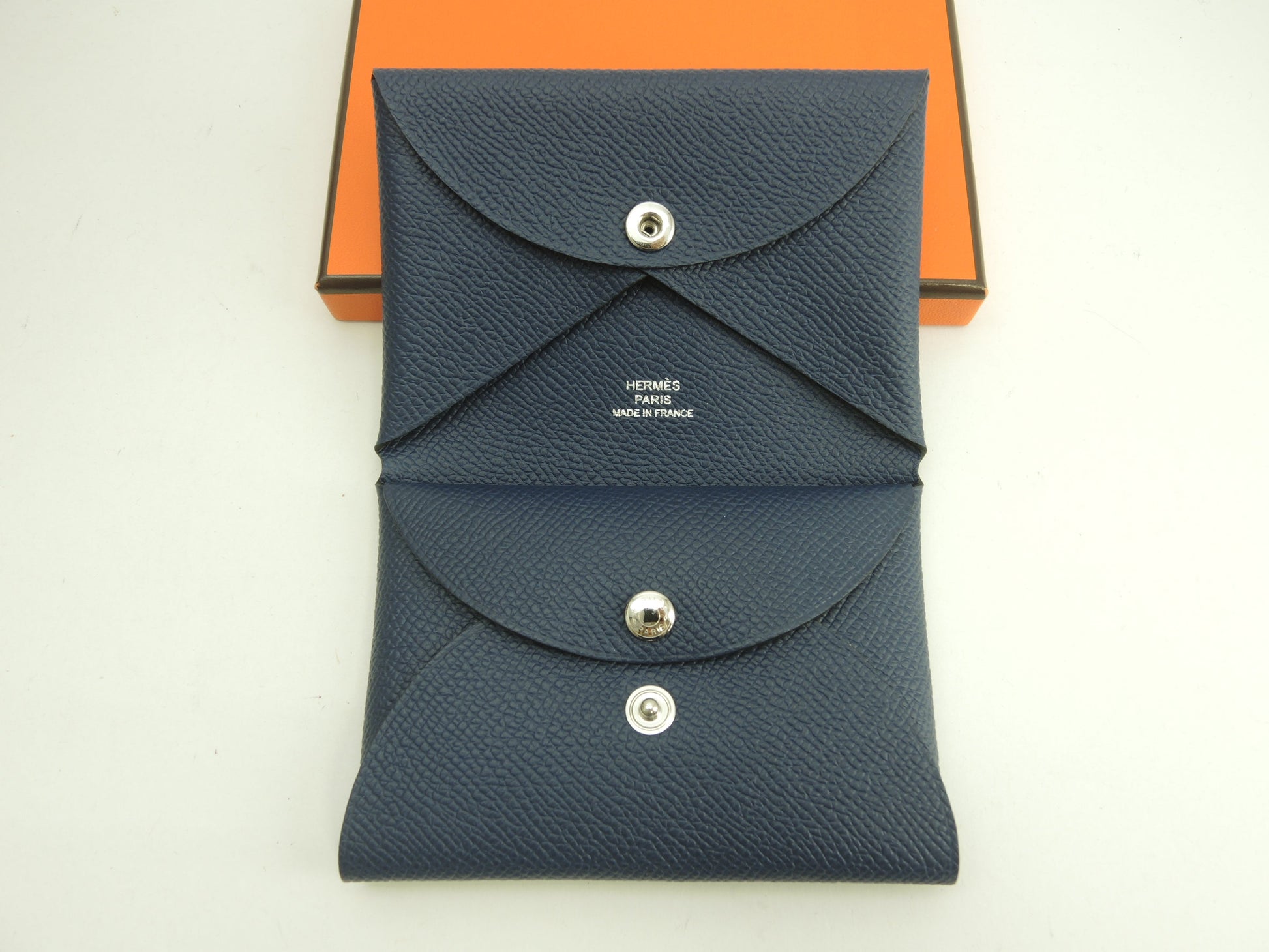 Hermès Calvi Duo Epsom blu navy portafoglio compatto mini nuovo di zecca@B