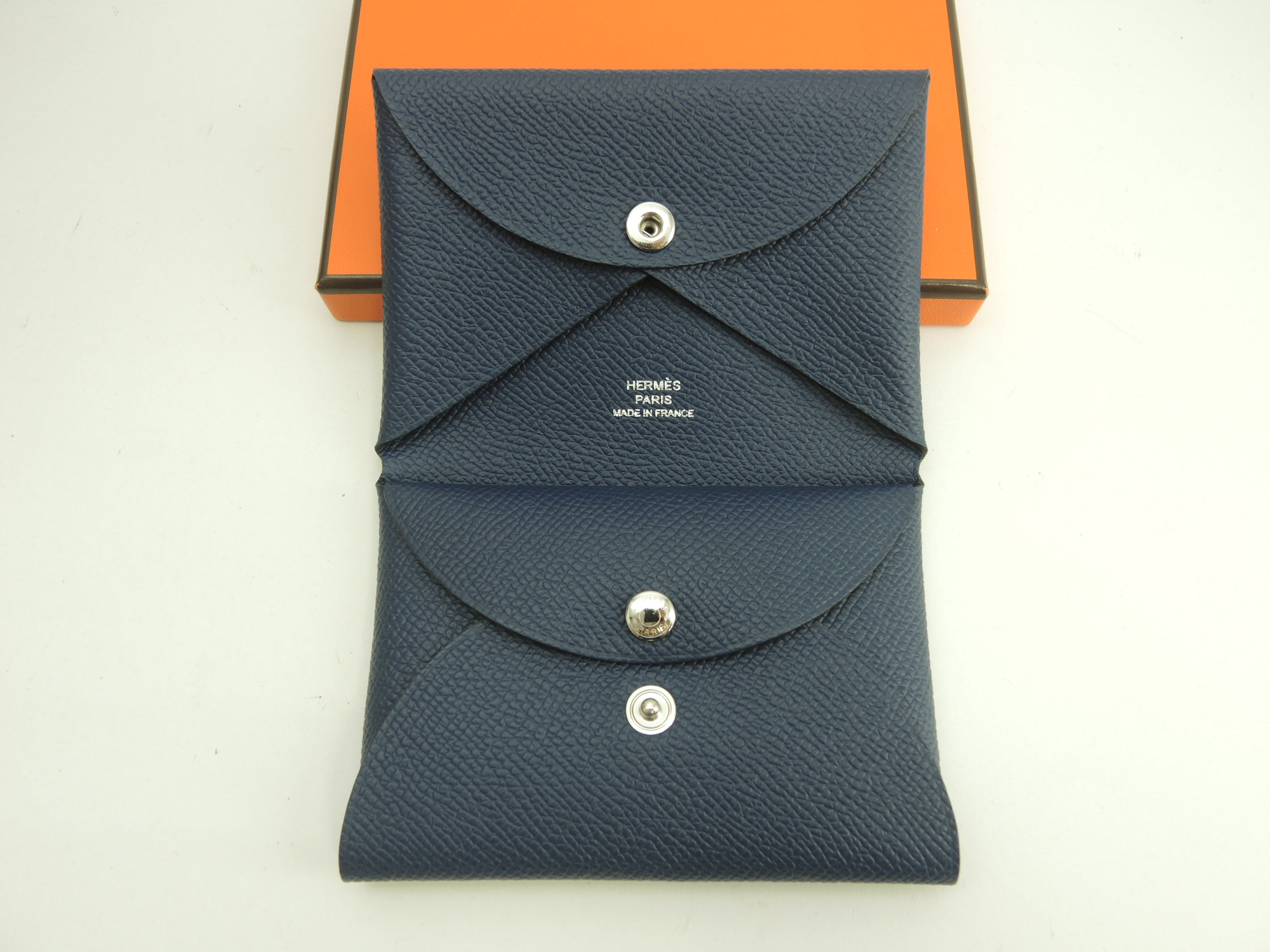 Hermès Calvi Duo Epsom blu navy portafoglio compatto mini nuovo di zecca@B
