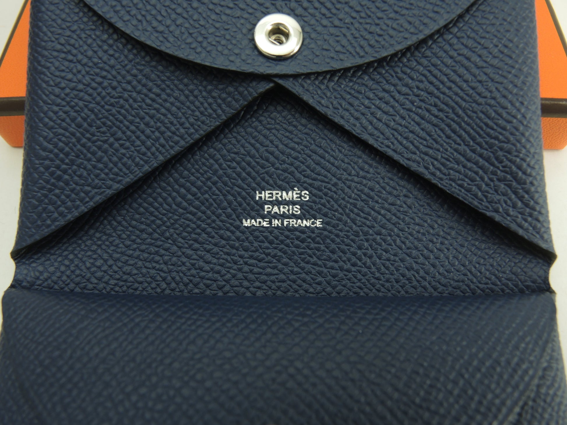 Hermès Calvi Duo Epsom blu navy portafoglio compatto mini nuovo di zecca@B