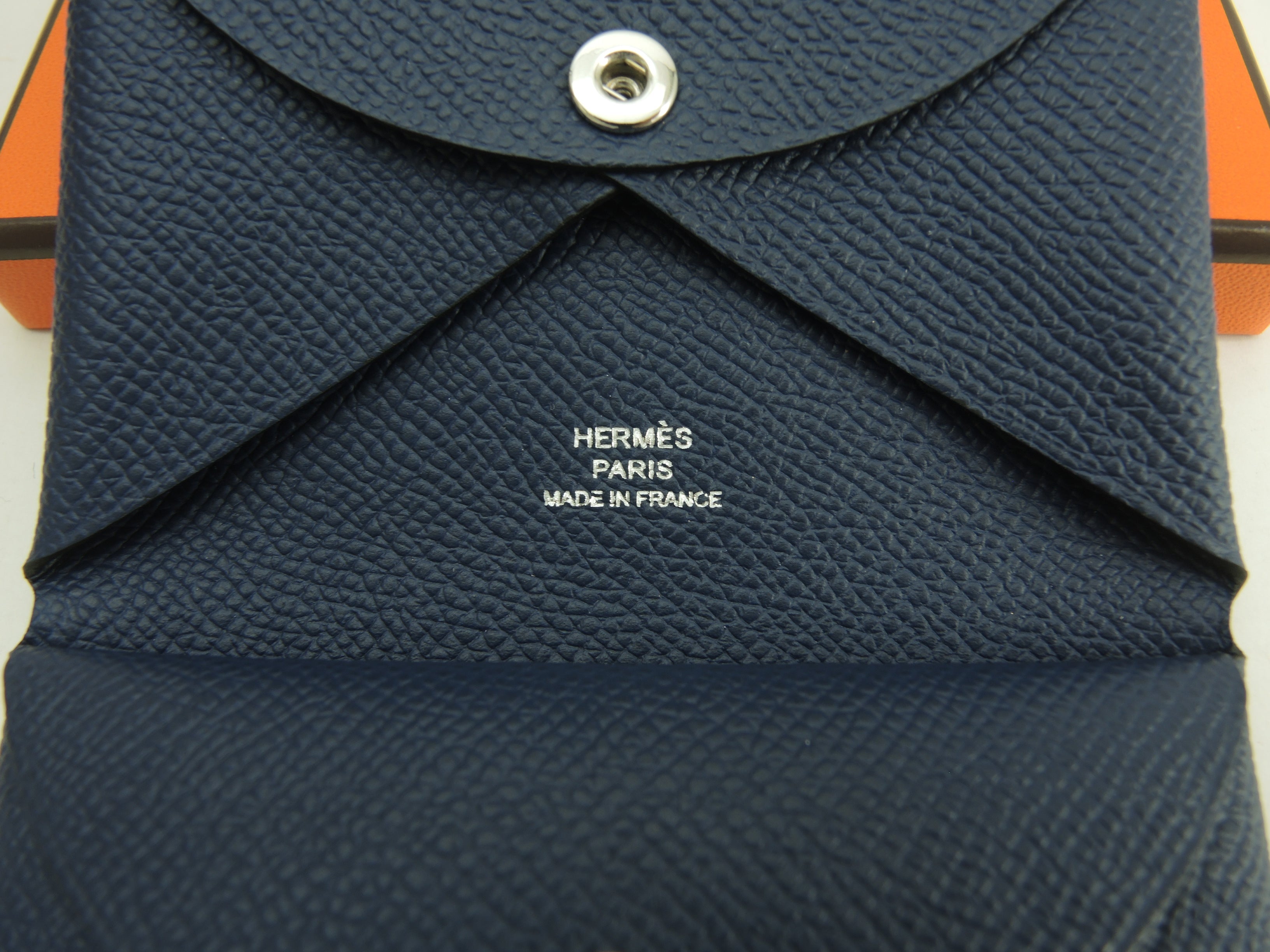 Hermès Calvi Duo Epsom blu navy portafoglio compatto mini nuovo di zecca@B