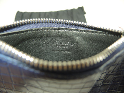Saint Laurent Portacarte YSL in pelle effetto coccodrillo blu con scomparti per carte e portamonete @MRT458583-0718