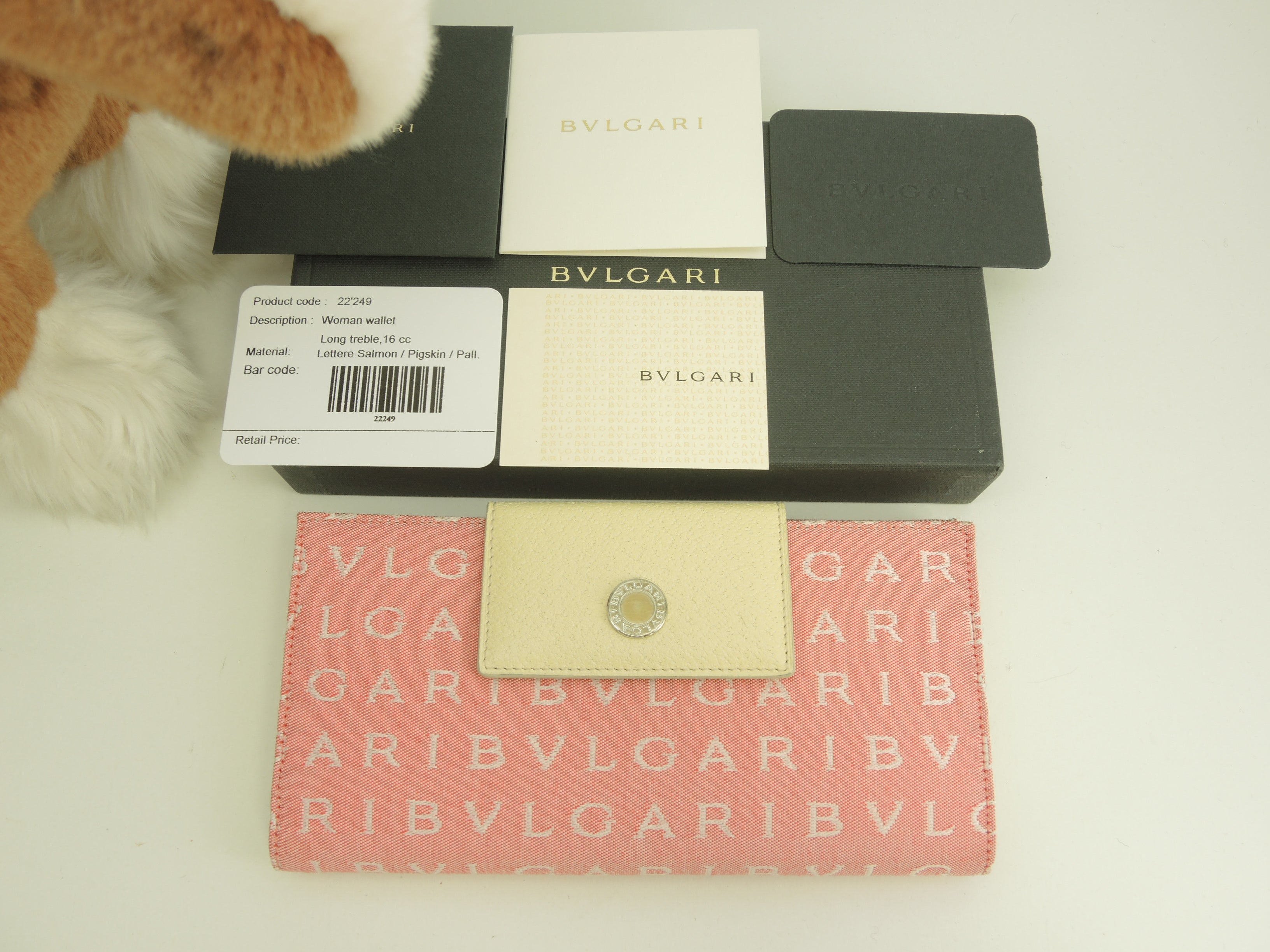 Portafoglio lungo Bulgari Bulgari con doppia patta in cotone/pelle rosa/crema, nuovo di zecca@ABEBEA