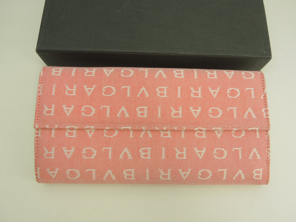 Portafoglio lungo Bulgari Bulgari con doppia patta in cotone/pelle rosa/crema, nuovo di zecca@ABEBEA