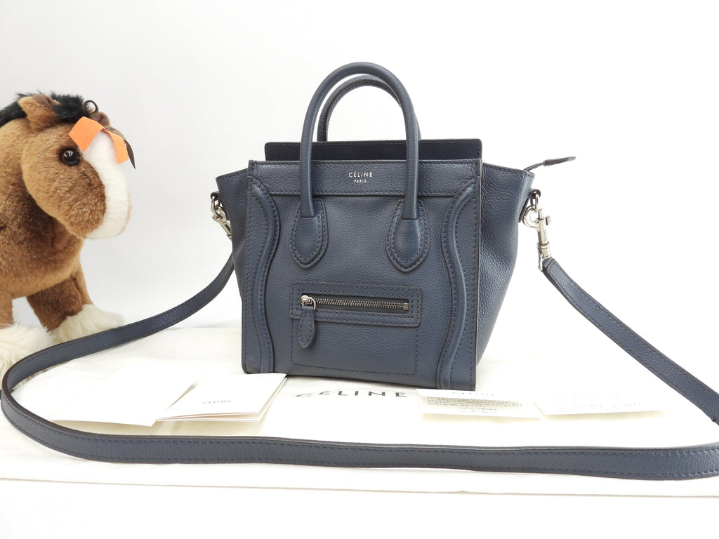 Celine Luggage Nano in pelle blu scuro, pochette, mini borsa a mano, borsa a tracolla @F-ZP-0133