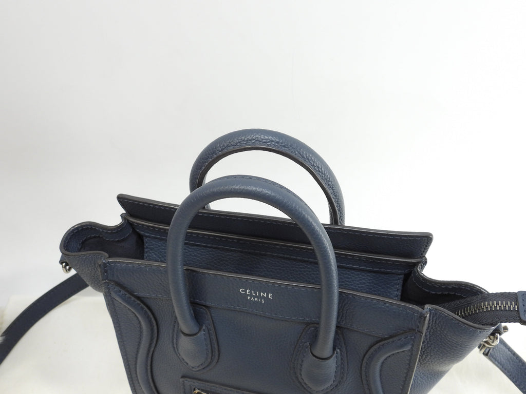 Celine Luggage Nano in pelle blu scuro, pochette, mini borsa a mano, borsa a tracolla @F-ZP-0133