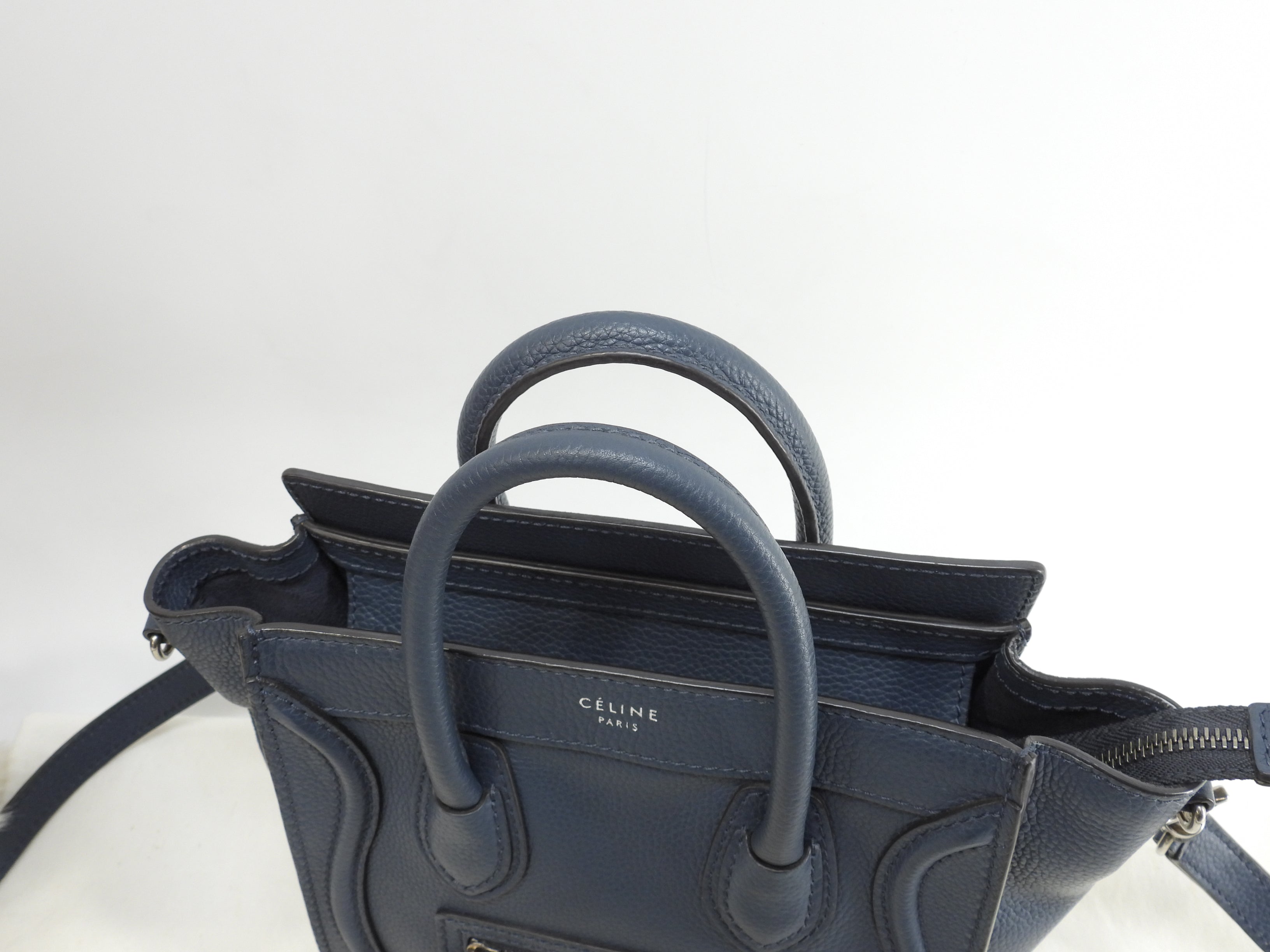 Celine Luggage Nano in pelle blu scuro, pochette, mini borsa a mano, borsa a tracolla @F-ZP-0133
