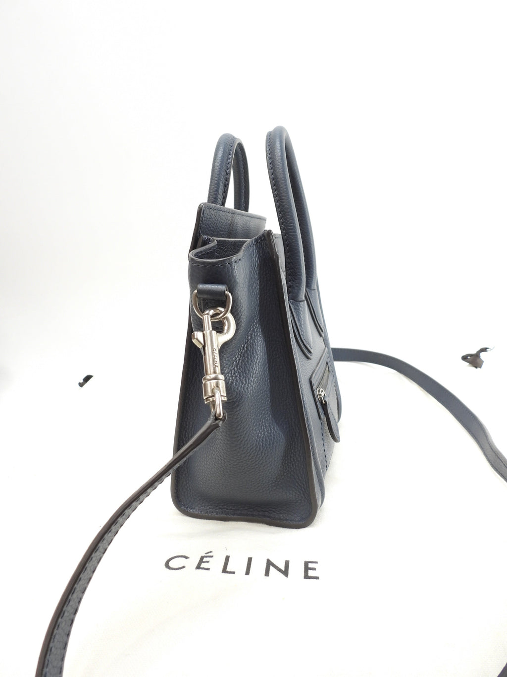 Celine Luggage Nano in pelle blu scuro, pochette, mini borsa a mano, borsa a tracolla @F-ZP-0133