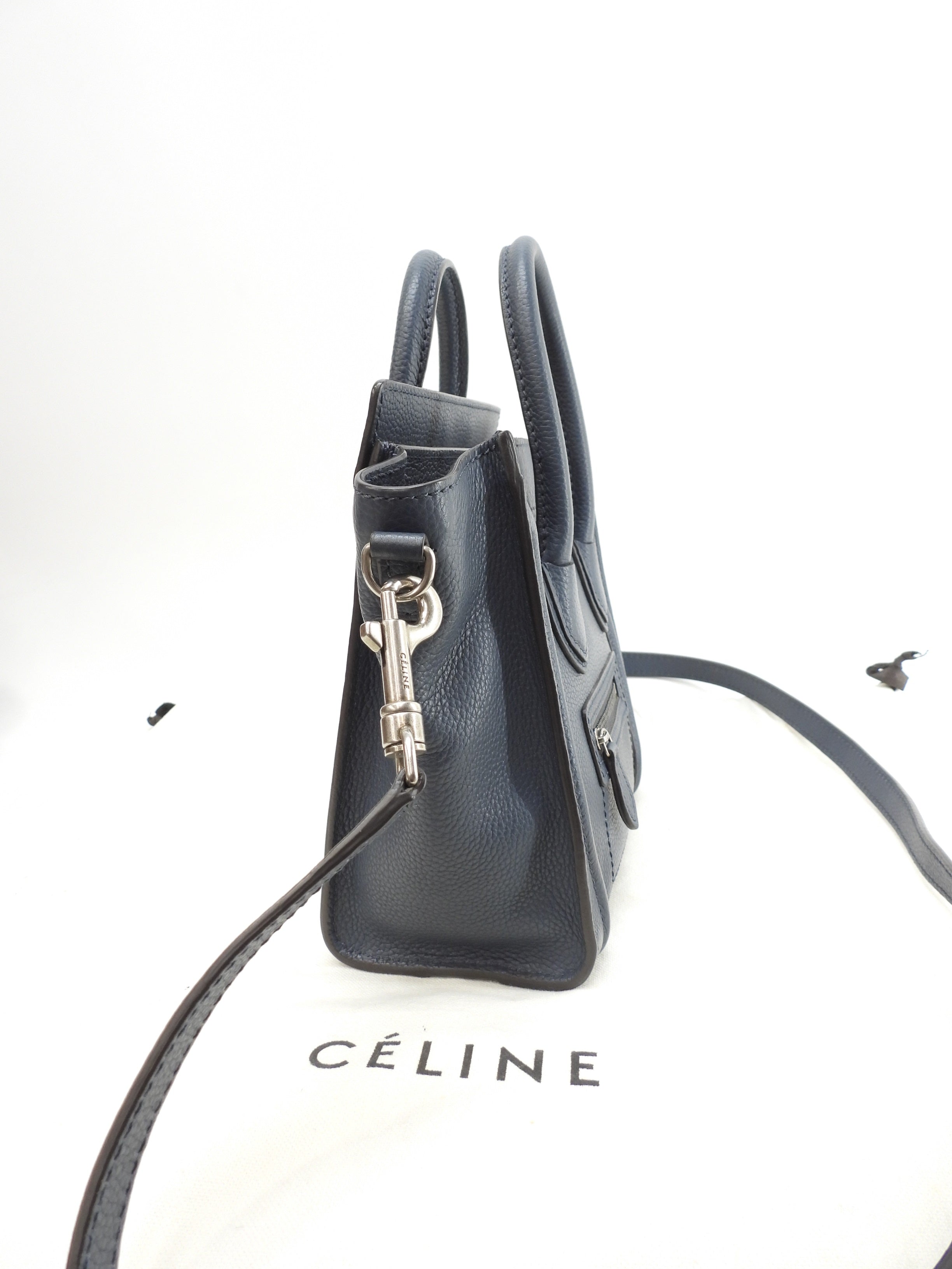 Celine Luggage Nano in pelle blu scuro, pochette, mini borsa a mano, borsa a tracolla @F-ZP-0133