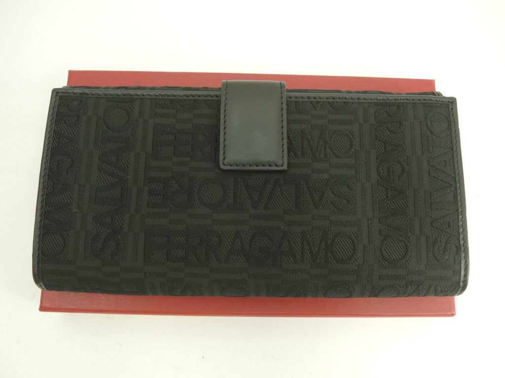 Salvatore Ferragamo Portafoglio lungo a due bottoni in cotone/pelle nera, come nuovo @JV-228249
