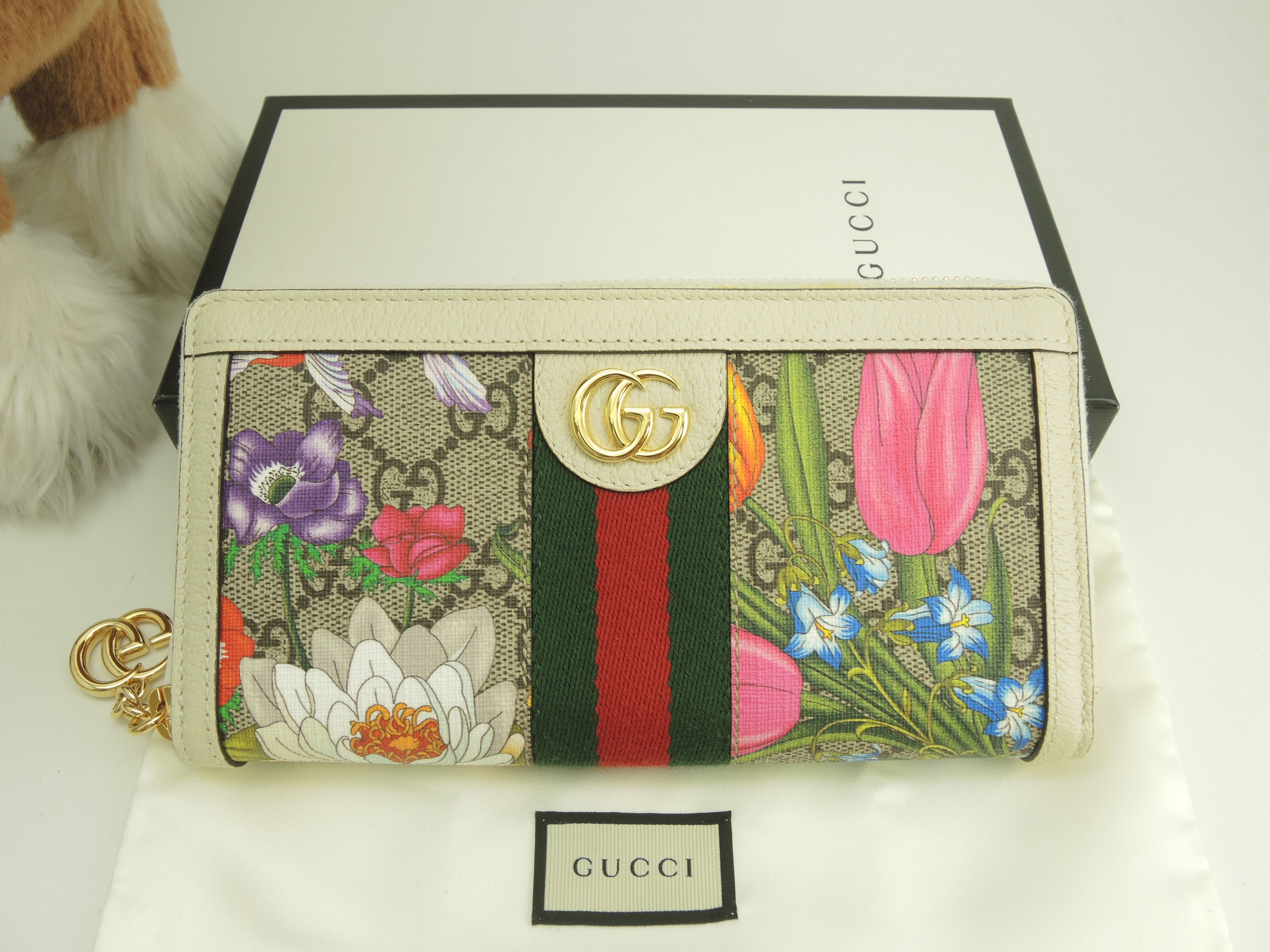 Gucci portafoglio lungo con cerniera motivo floreale/Web, GG Marmont grigio/bianco, portafoglio lungo con cerniera a giro, mai usato @ 1