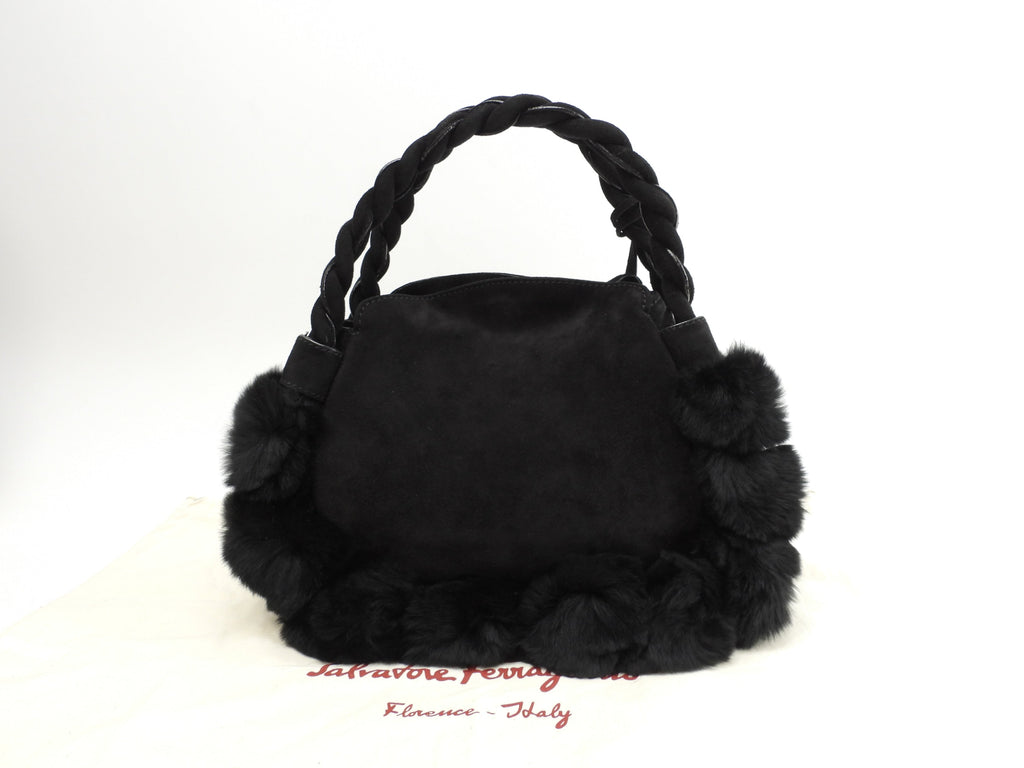 Salvatore Ferragamo Borsa a mano Gancini Pelliccia di coniglio nera Mini tote @ 1
