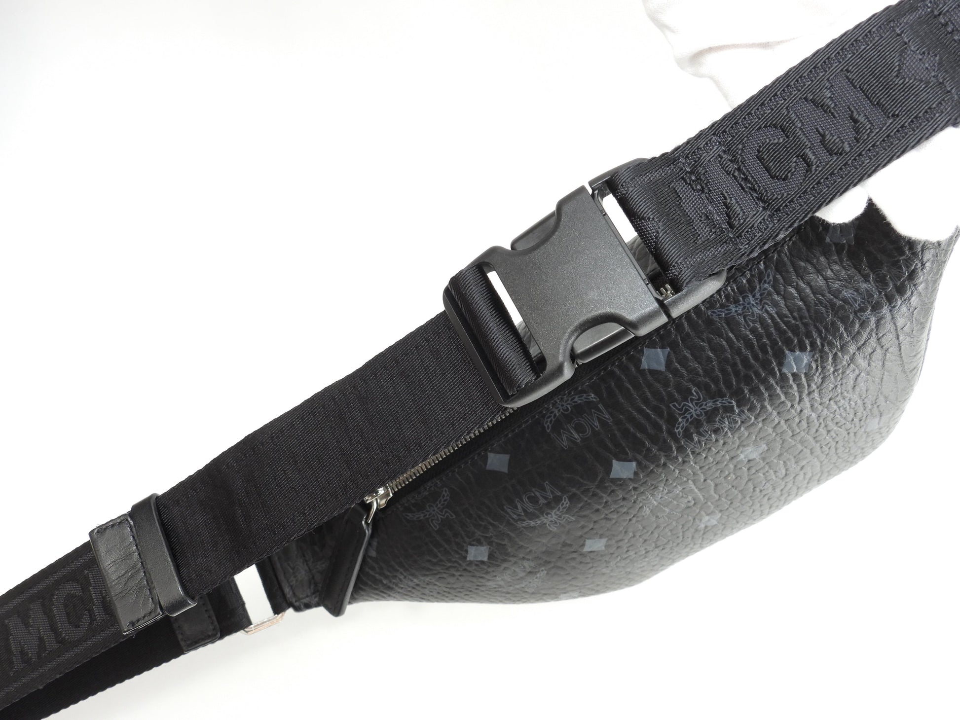 MCM ベルトバッグ PVC革 シグネチャ黒 クロスボディバッグ バムバッグ 美品@ 2