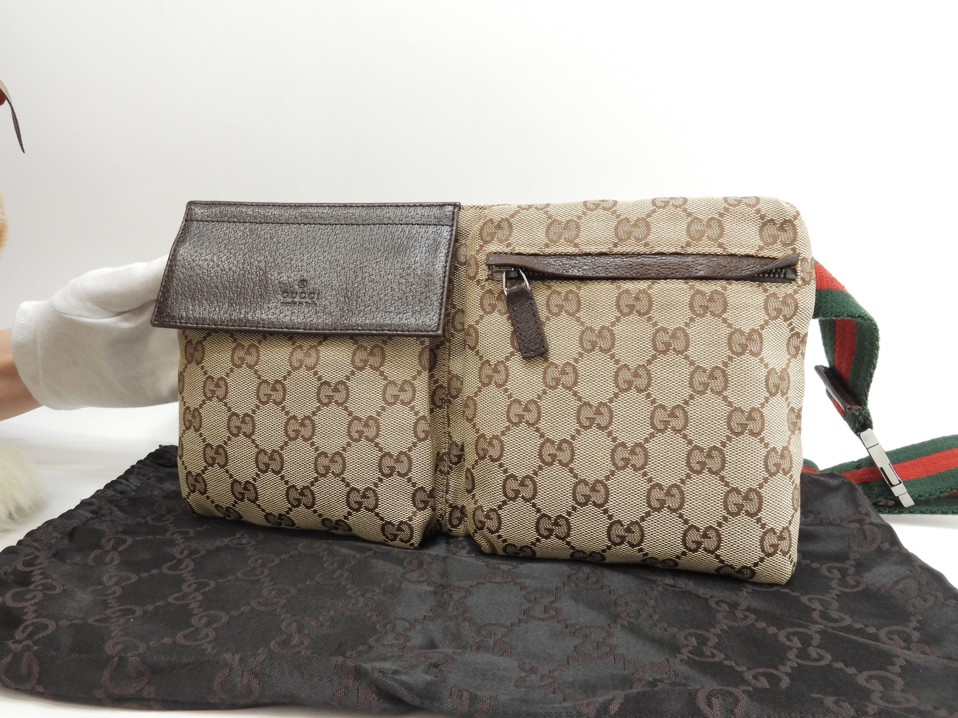 Gucci Marsupio GG Supreme cotone pelle marrone cintura marsupio@ 5