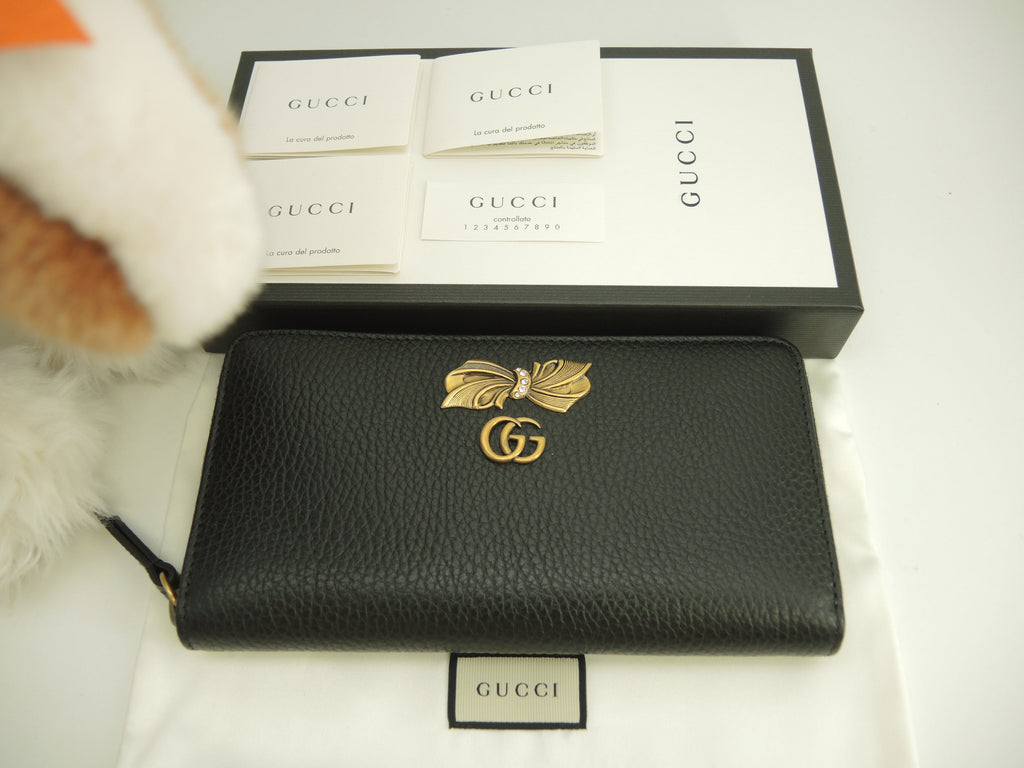 Gucci Portafoglio Zip Around GG Marmont Pelle Nera Portafoglio Lungo Fiocco Nuovo@5