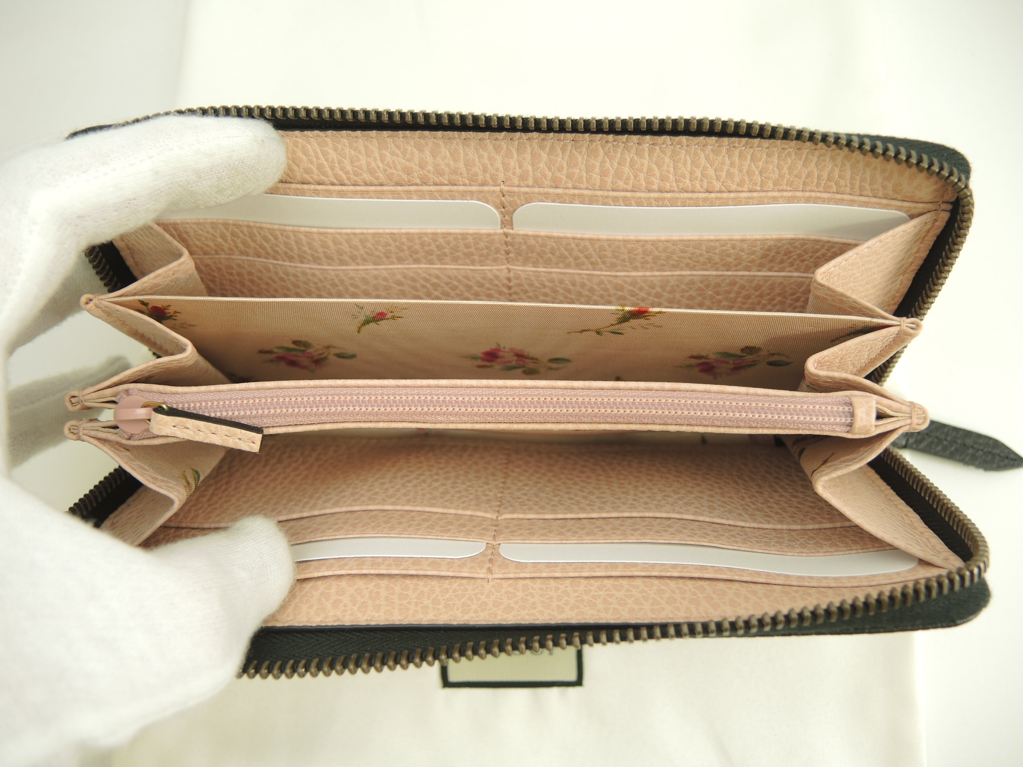 Gucci Portafoglio Zip Around GG Marmont Pelle Nera Portafoglio Lungo Fiocco Nuovo@5