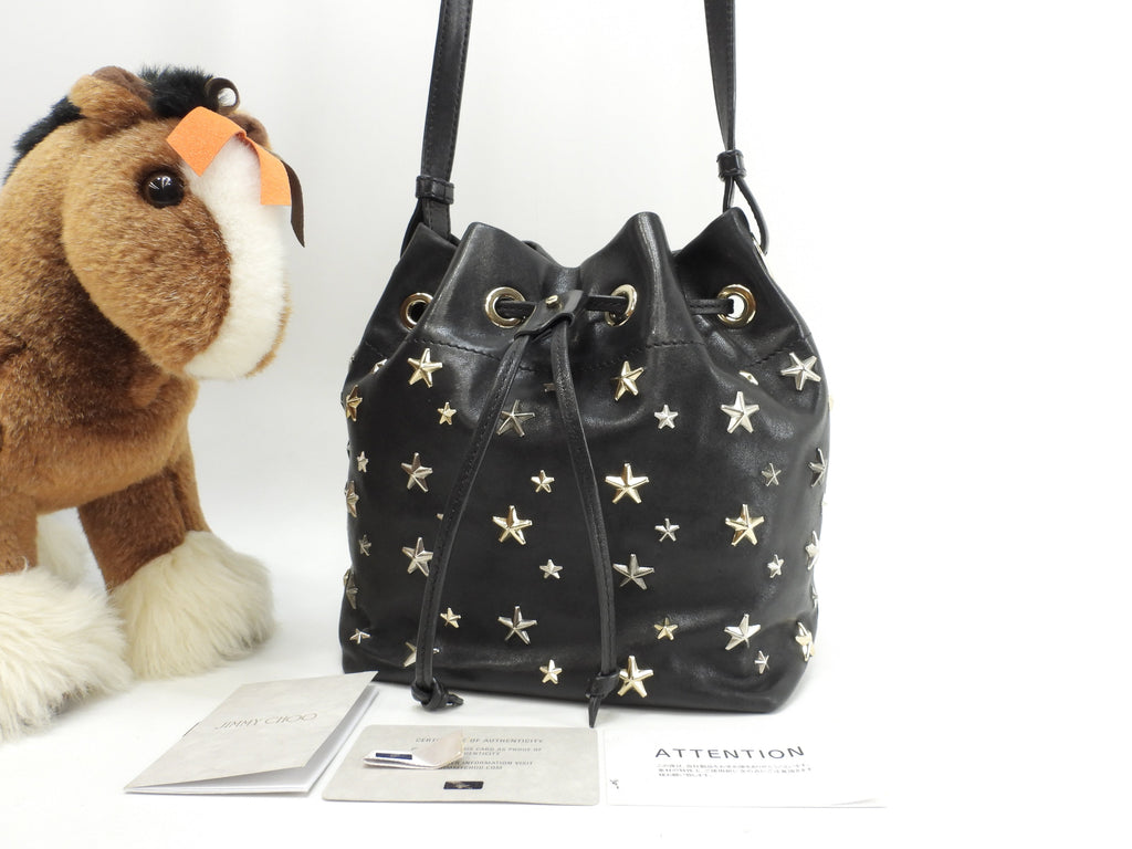 Jimmy Choo Pochette JUNO in pelle nera Borsa a tracolla con coulisse Ottime condizioni@XLSGT3