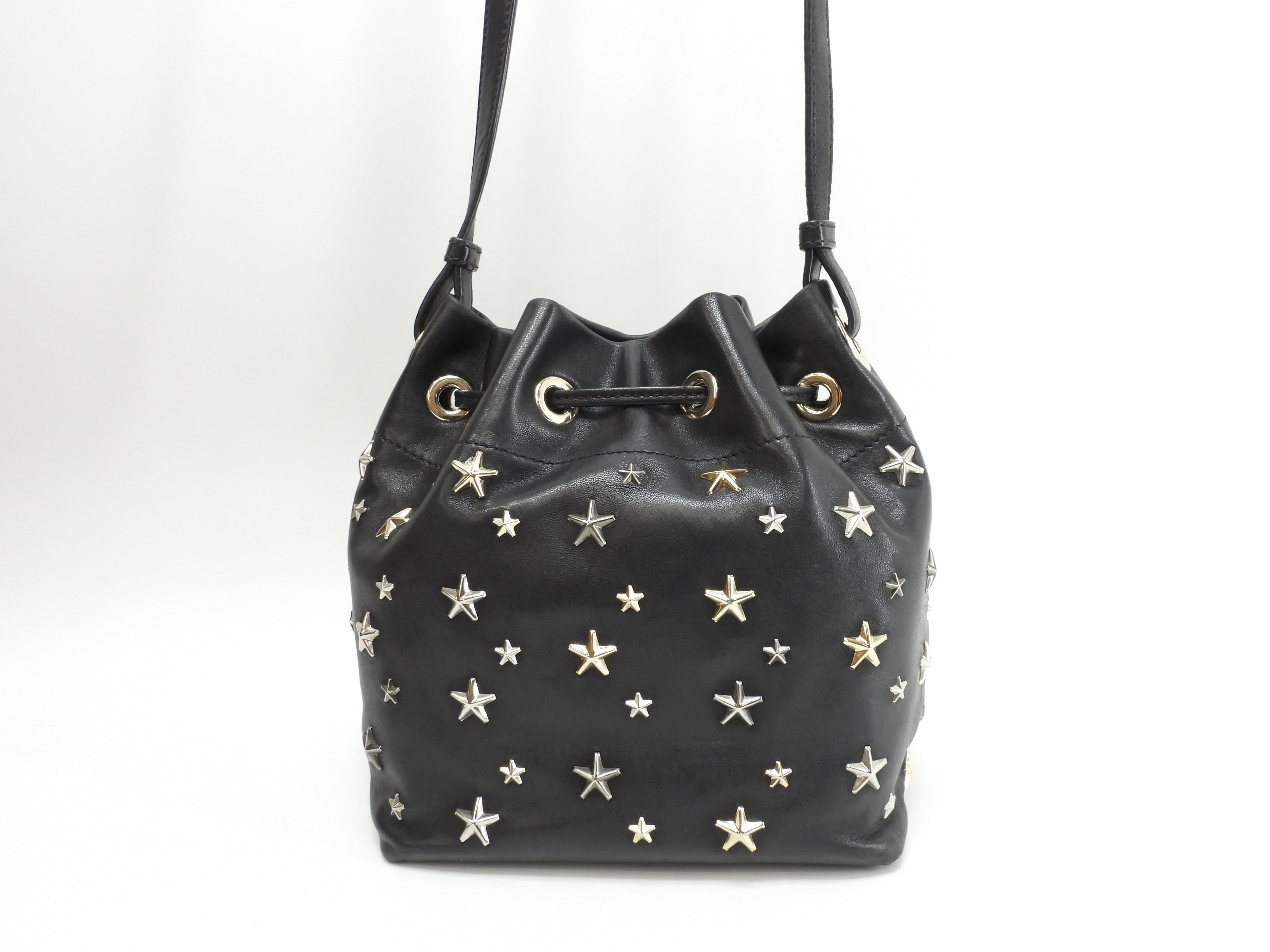 Jimmy Choo Pochette JUNO in pelle nera Borsa a tracolla con coulisse Ottime condizioni@XLSGT3